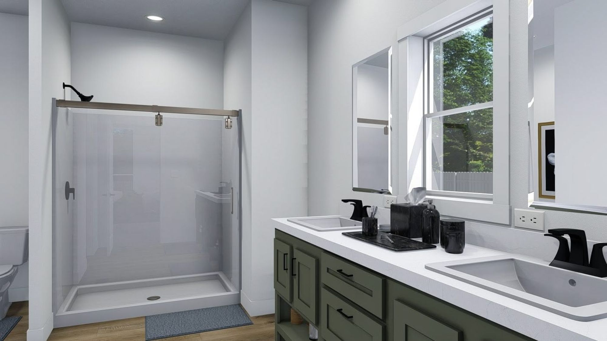 Large bathroom with a double sink and a standing shower.