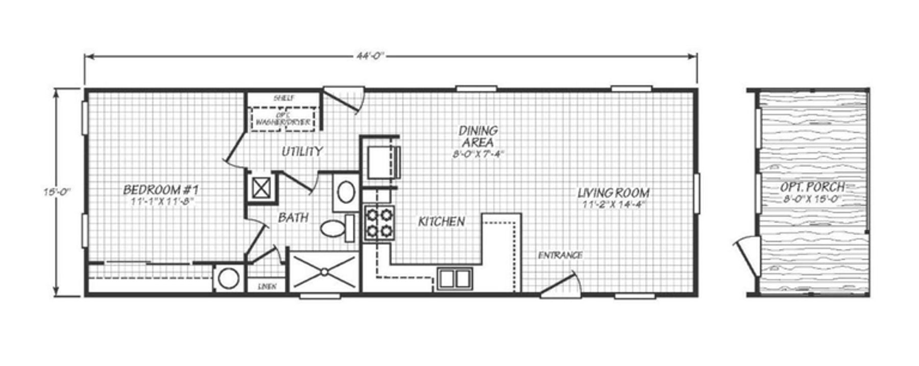 Solaris 16441A floor plan with 1 bedroom, 1 bathroom, and 678 square feet, built by Cavco Goodyear.
