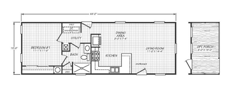 Solaris 16441A floor plan with 1 bedroom, 1 bathroom, and 678 square feet, built by Cavco Goodyear.