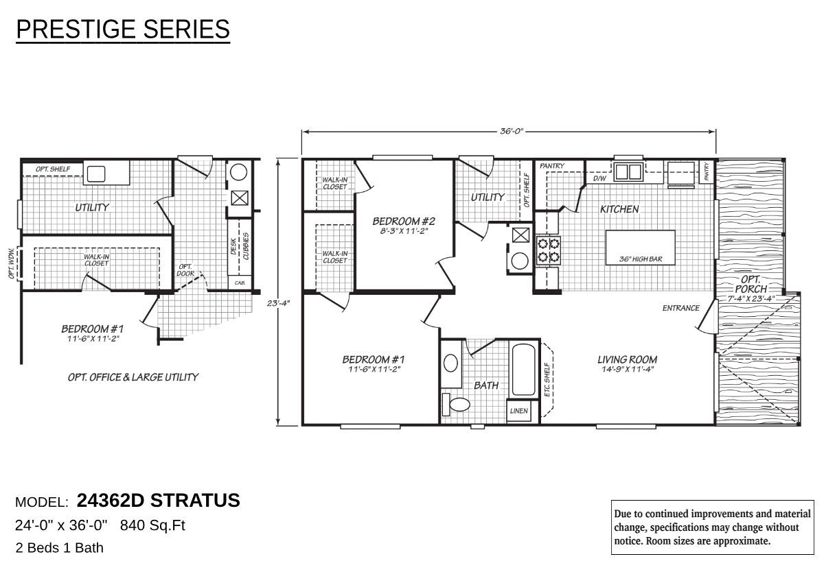 Floor plan of Prestige Series Model 28563C showing a 3-bedroom, 2-bathroom home layout with 1,492 square feet, including master bedroom with walk-in closet, kitchen with island, dining area, living room, utility room, and optional features like porch, glamour bath, and tile shower