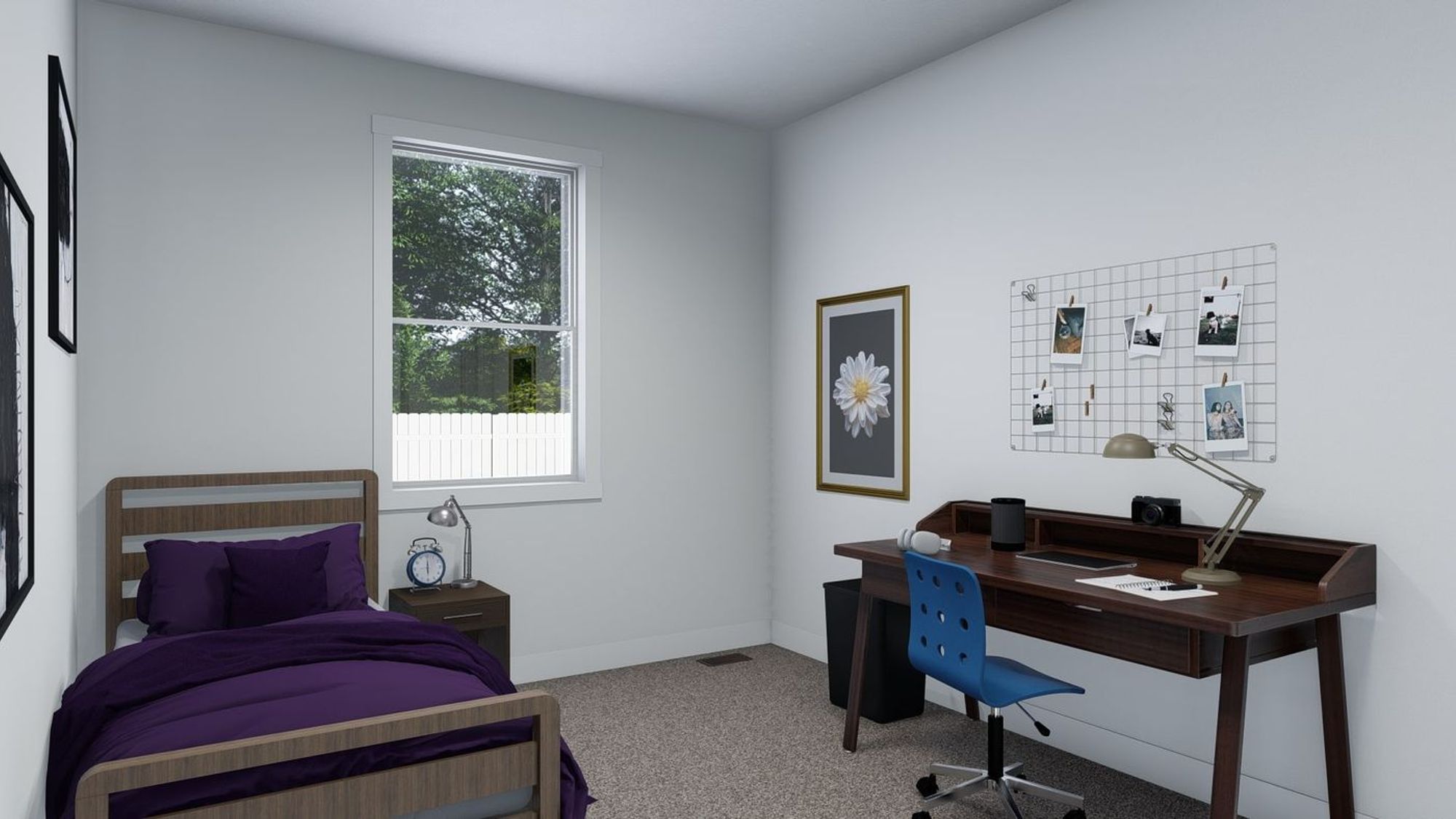 A medium-sized bedroom with a single bed, large windows, and a desk.