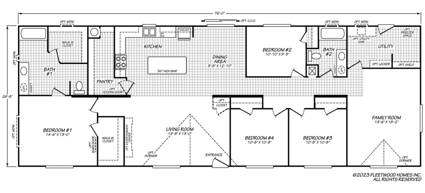 Floor plan of a Cavco Idaho manufactured home showing four bedrooms, two bathrooms, a central kitchen with dining area, pantry, utility room, living room, and family room.