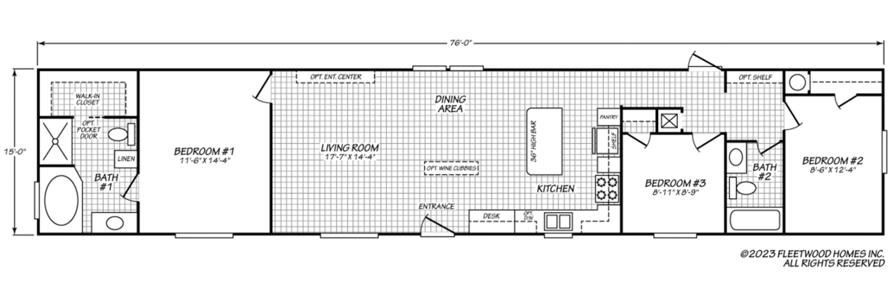 Floor plan of a 3-bedroom, 2-bath home with an open living, dining, and kitchen area, plus a utility room and walk-in closets.