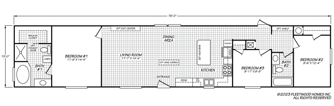 Floor plan of a 3-bedroom, 2-bath home with an open living, dining, and kitchen area, plus a utility room and walk-in closets.