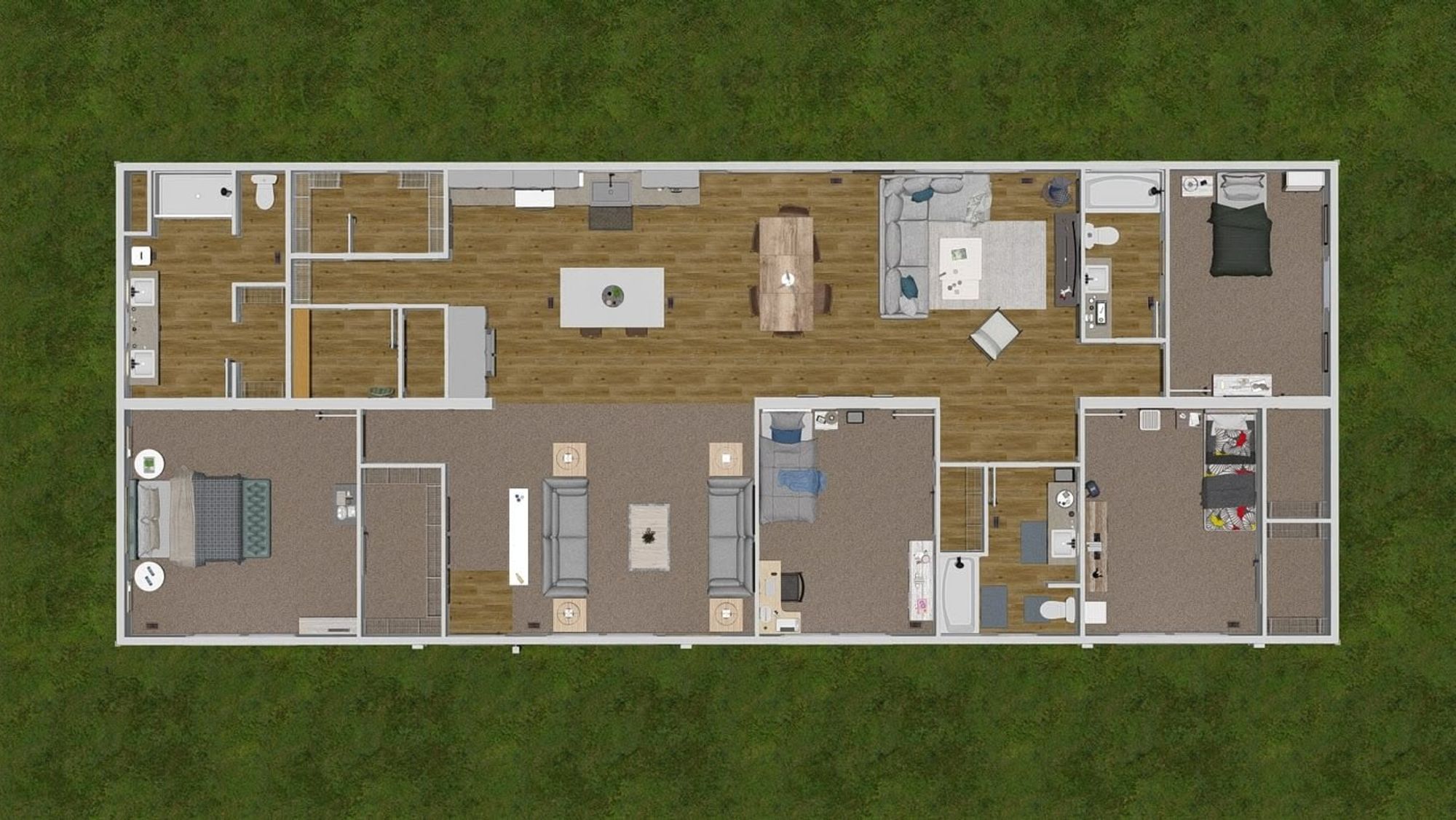 Home layout with 4 bedrooms, 3 bathrooms, open-concept front room, living room, dining room, kitchen, and two large walk-in closets