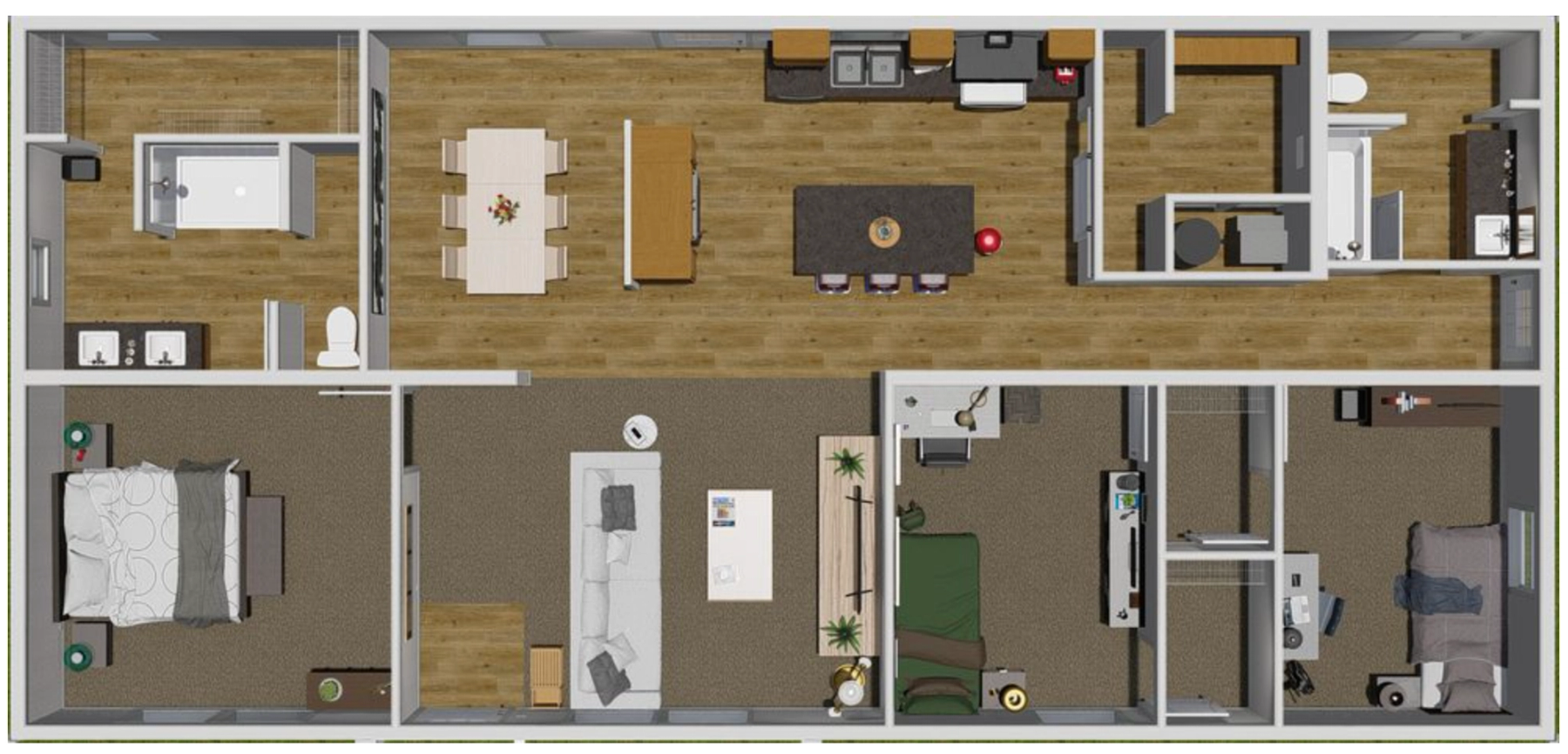 Detailed 3D floor plan showing open-concept layout with kitchen island, dining area, living room, three bedrooms, and utility spaces in modern home design.