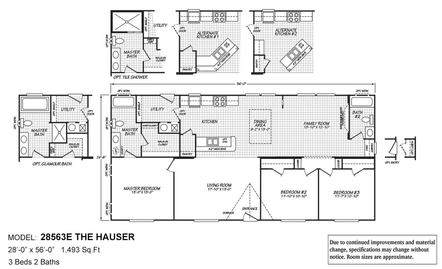 Floor plan for The Hauser model 28563E showing 3-bedroom, 2-bathroom layout with 1,493 sq ft, family room, and multiple optional configurations