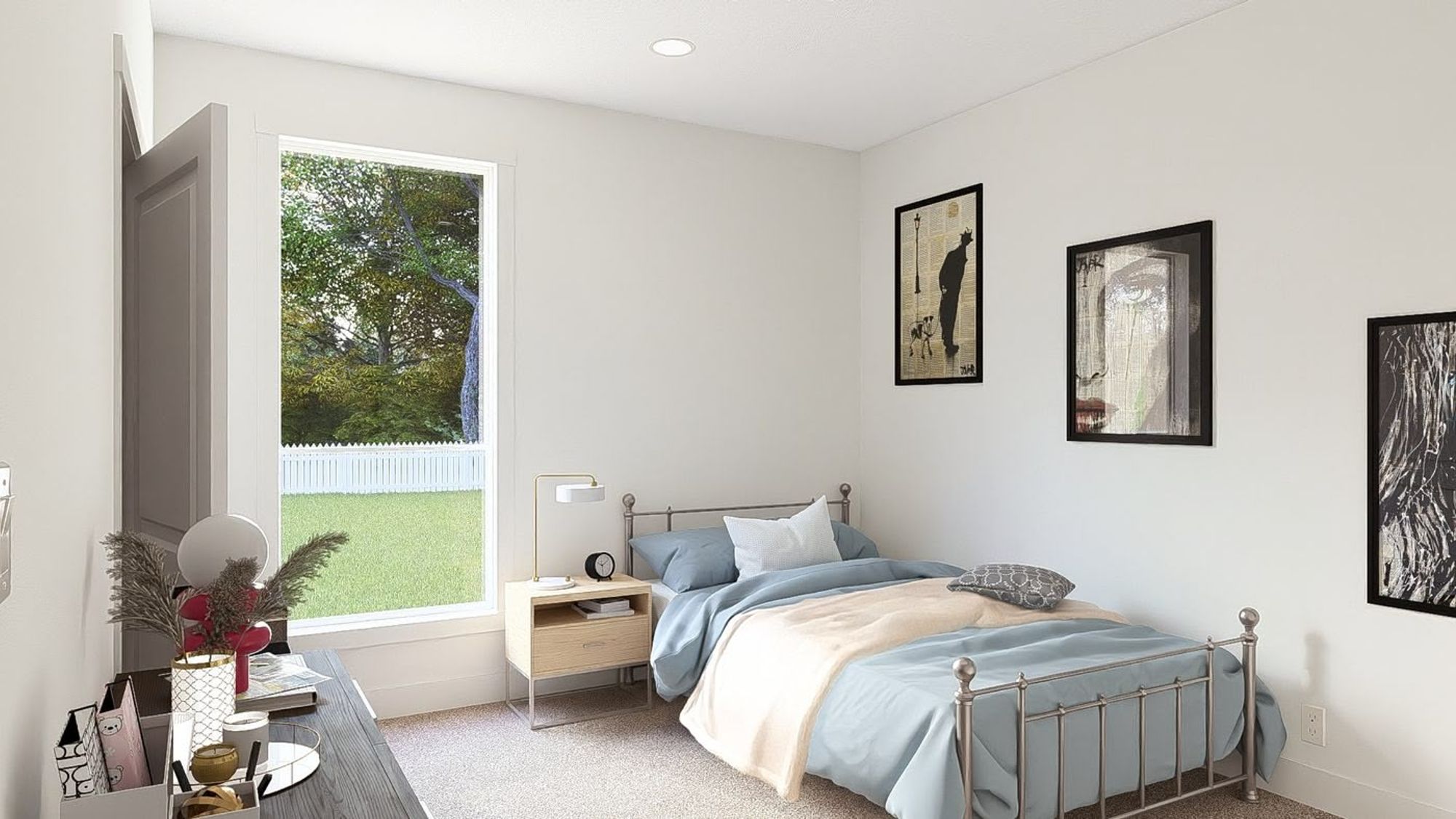 A medium-sized bedroom with a single bed, a dresser, and a side table.