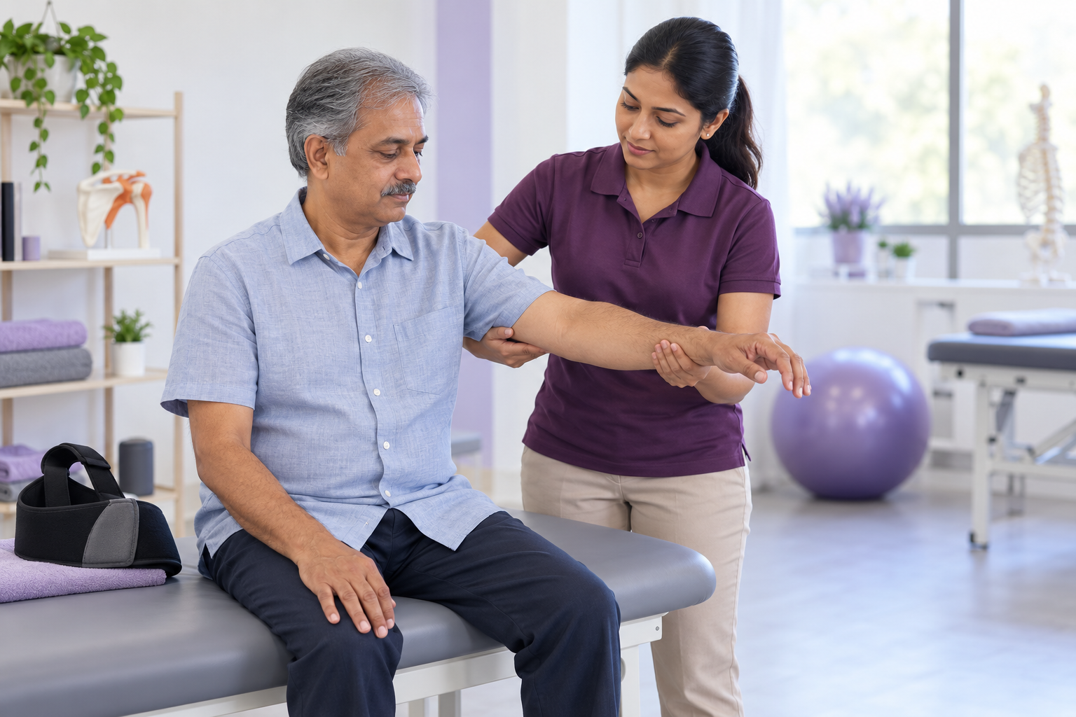 Physiotherapist guiding a patient through rotator cuff repair recovery exercises