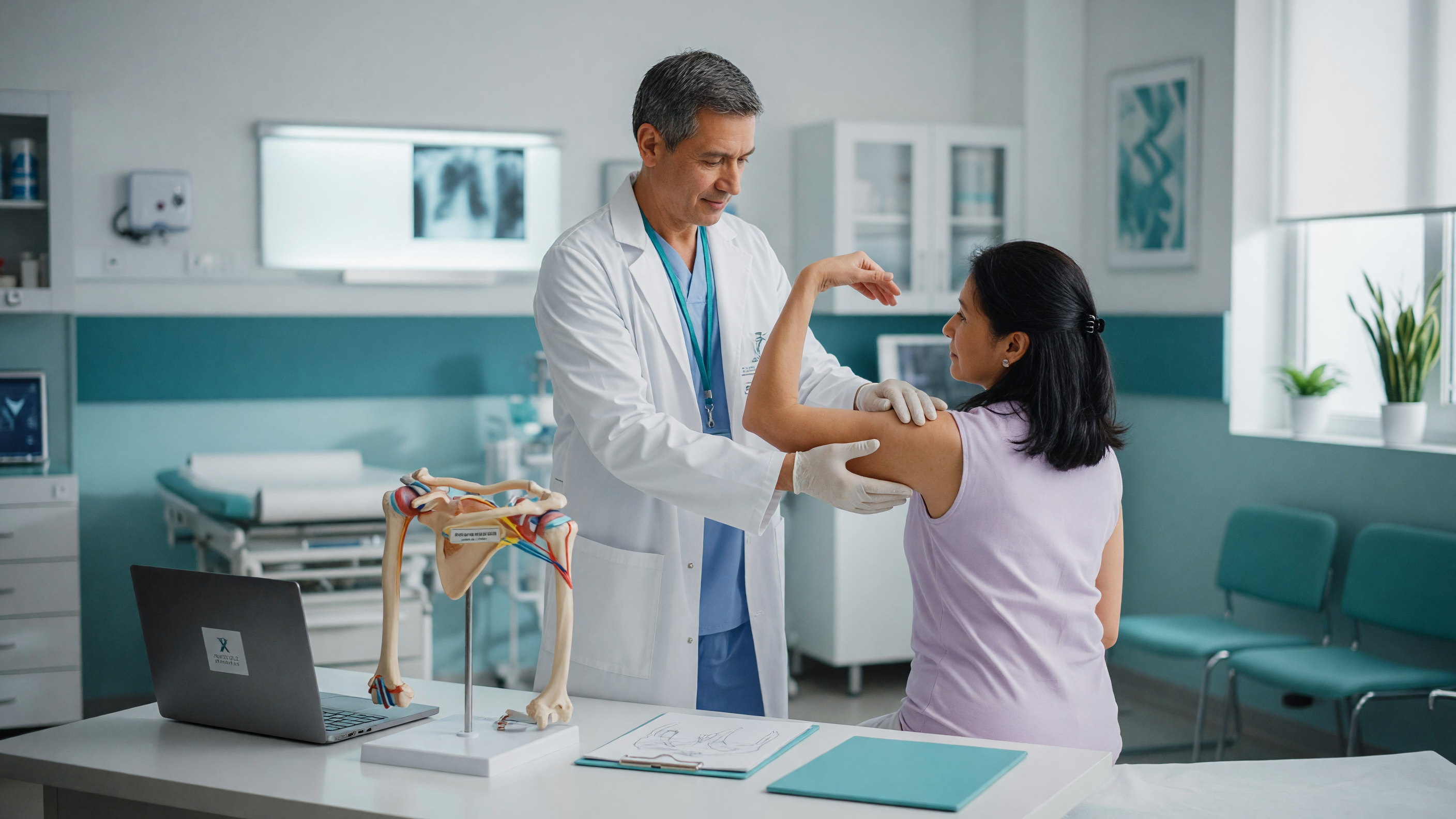 Orthopaedic specialist examining a patient's shoulder to identify shoulder pain causes when raising the arm