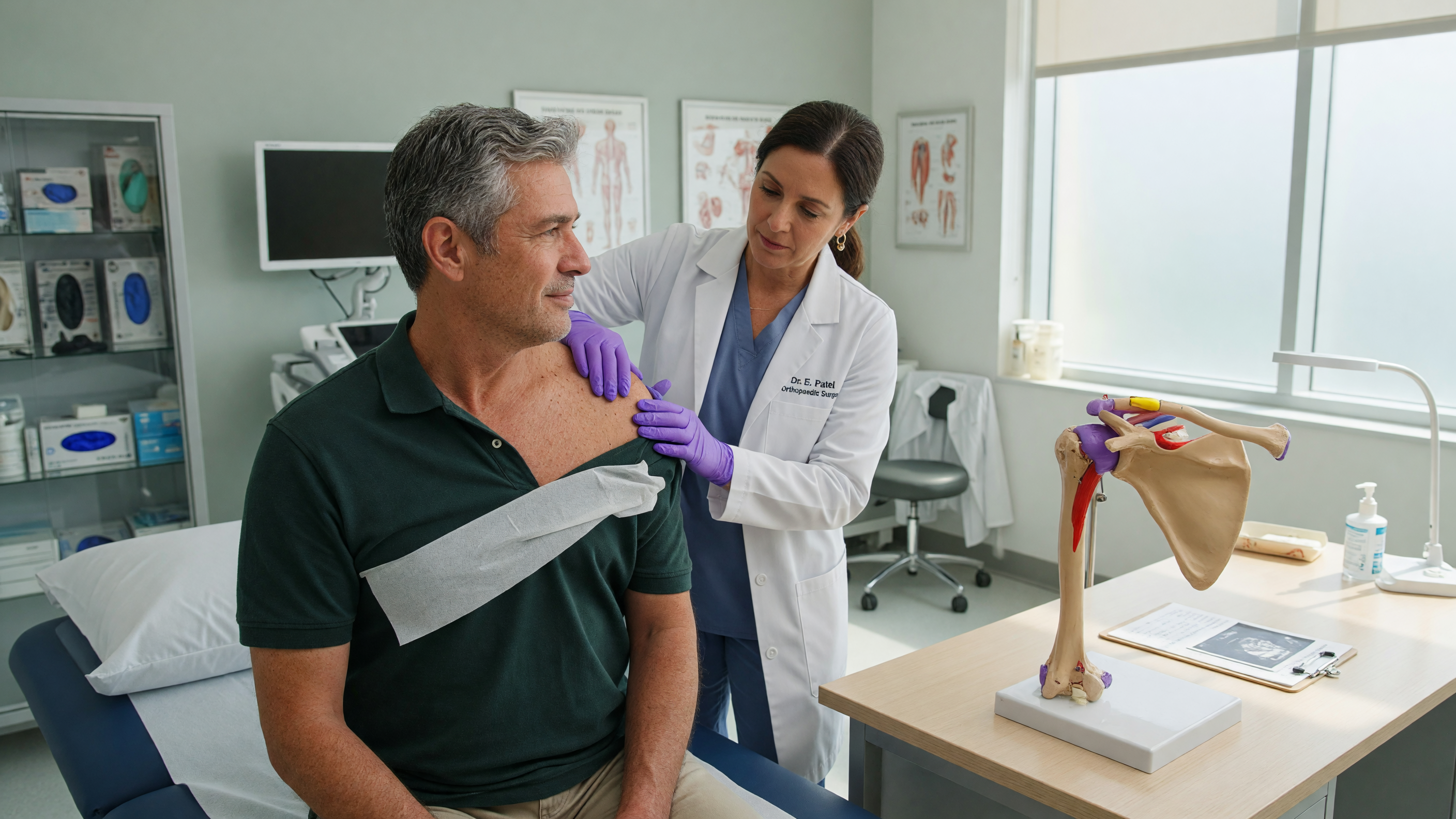 Doctor examining a patient whose shoulder keeps dislocating during an orthopaedic consultation