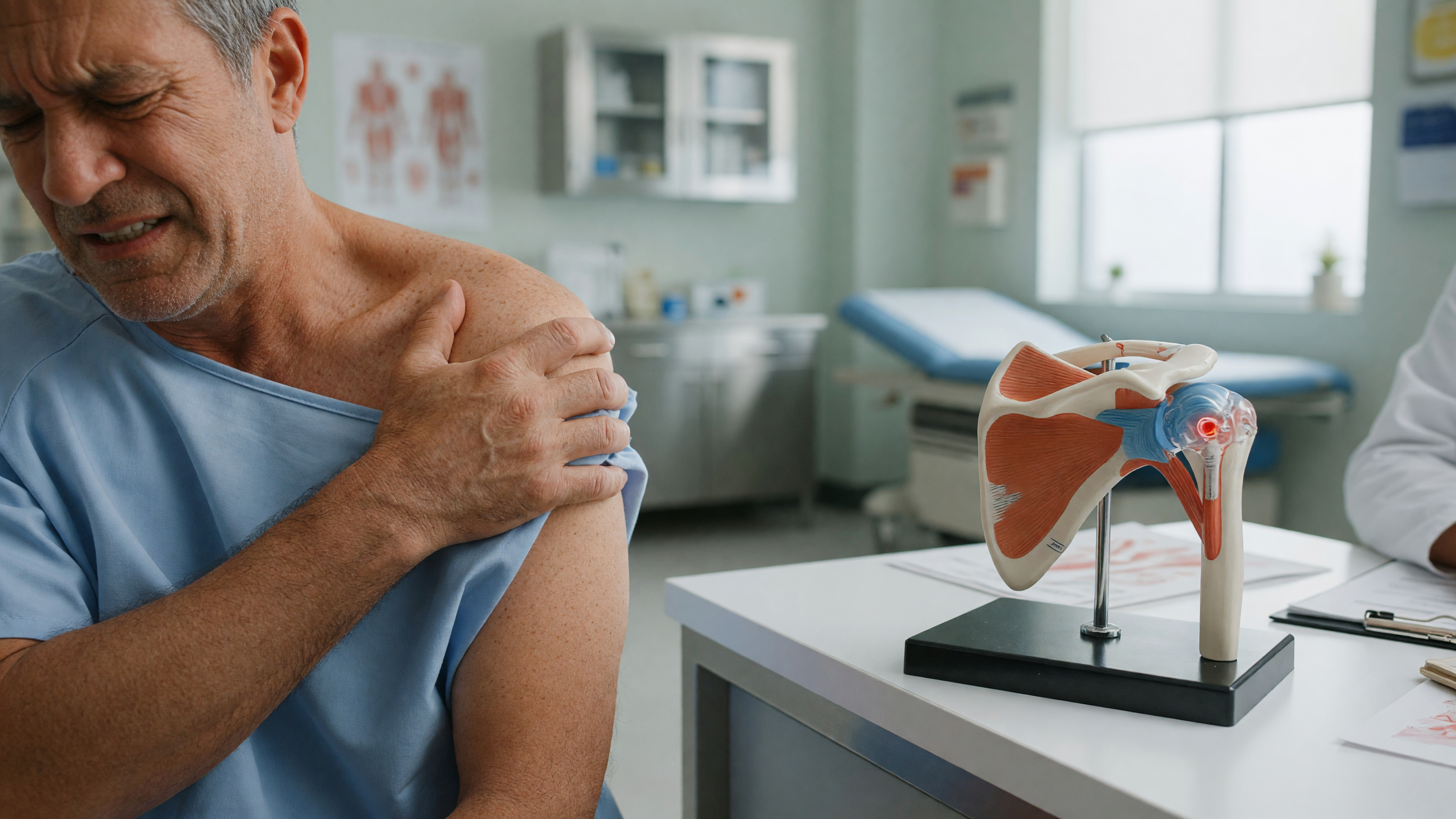 Illustration showing rotator cuff tear causes in a human shoulder joint