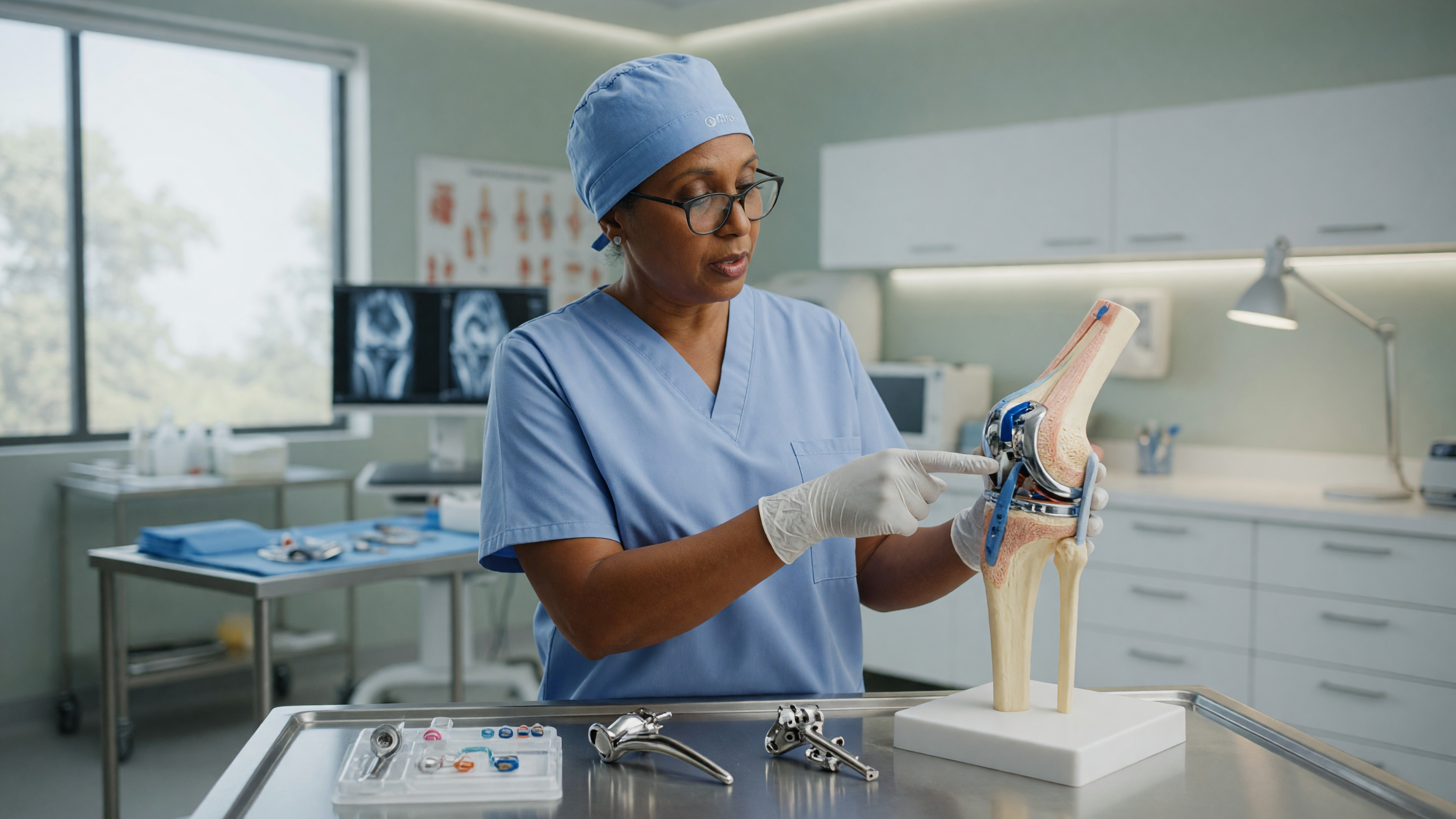 Surgeon comparing total vs partial knee replacement implants on a knee model