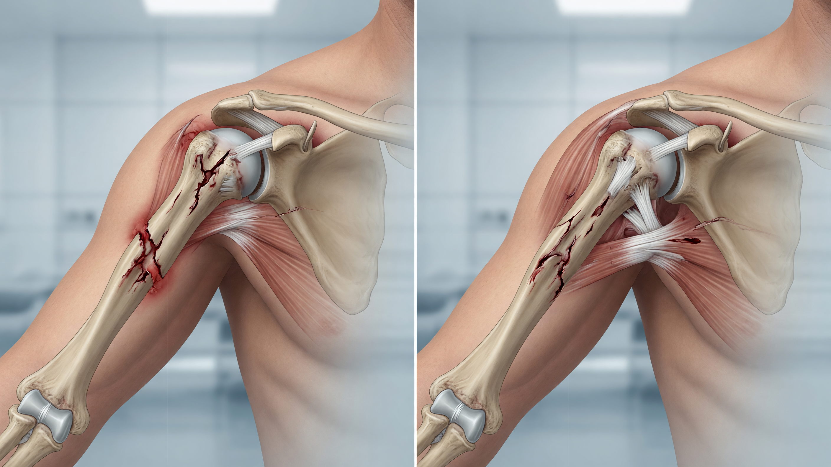 Illustration comparing fracture vs dislocation showing a broken bone and a displaced joint