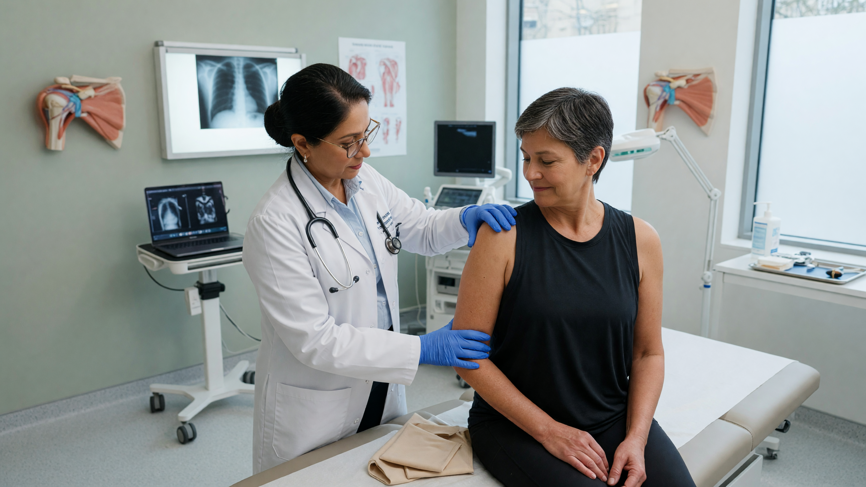 Doctor examining a patient's shoulder to diagnose chronic shoulder pain