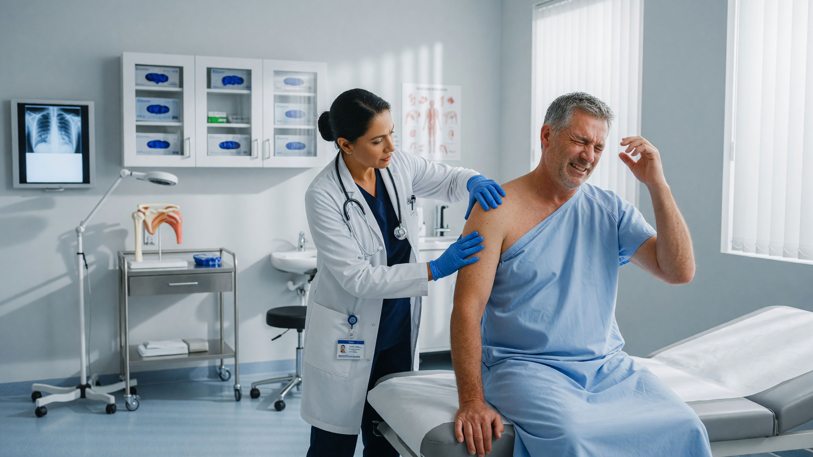 Doctor examining a patient with shoulder pain stiffness causes at Lux Hospitals