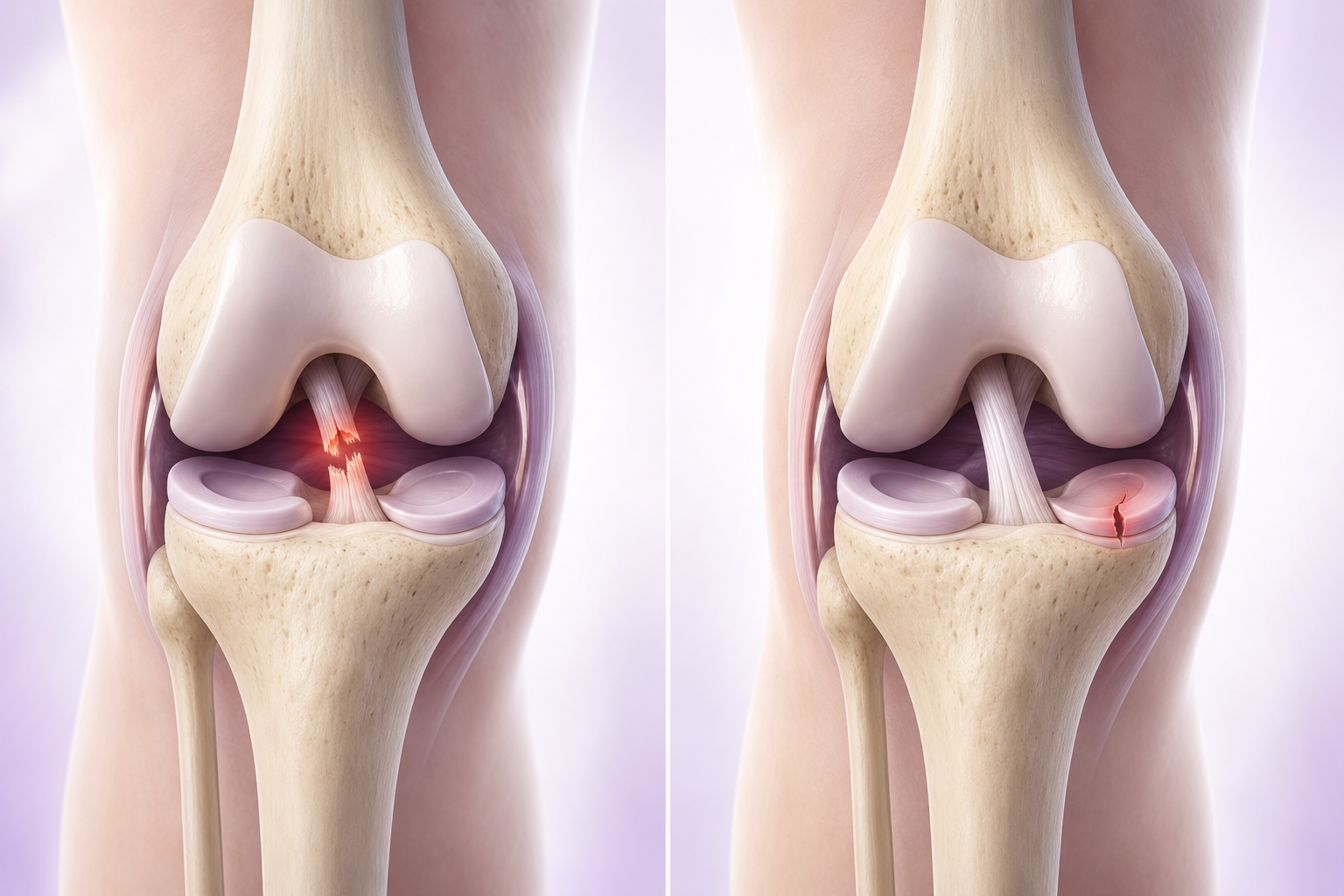 Illustration comparing ACL tear vs meniscus tear in the human knee joint