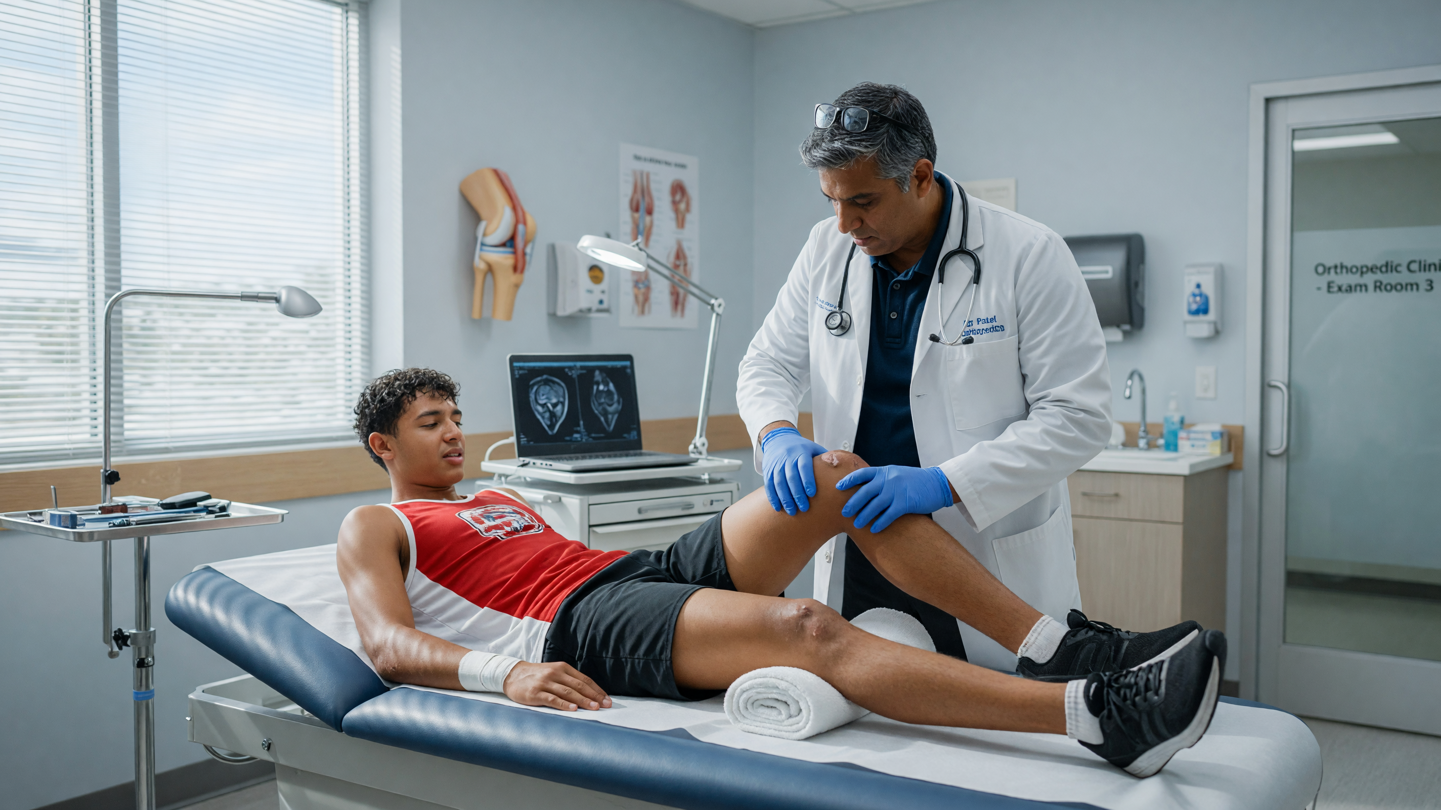 Doctor examining a patient's knee to check for ACL tear symptoms and knee ligament injury