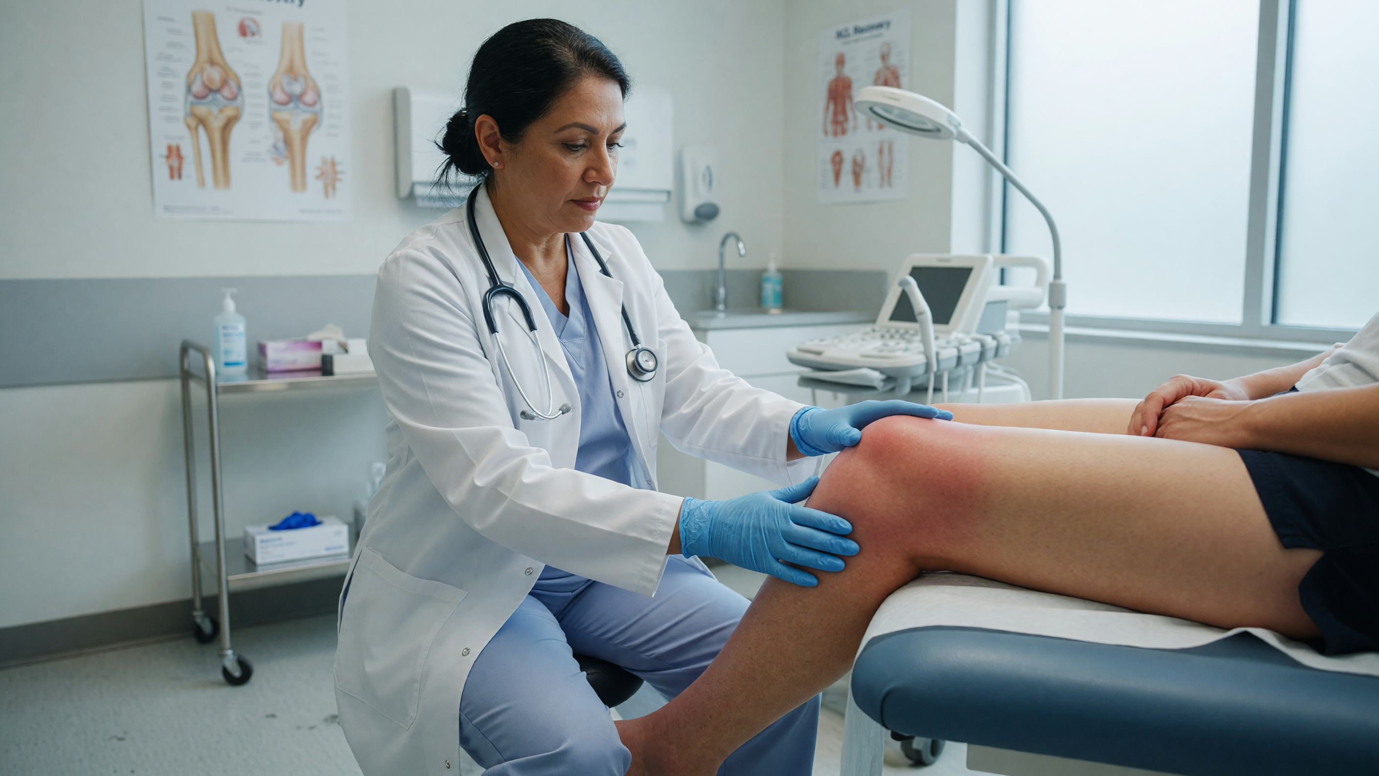 Doctor examining knee swelling after injury in an orthopedic clinic