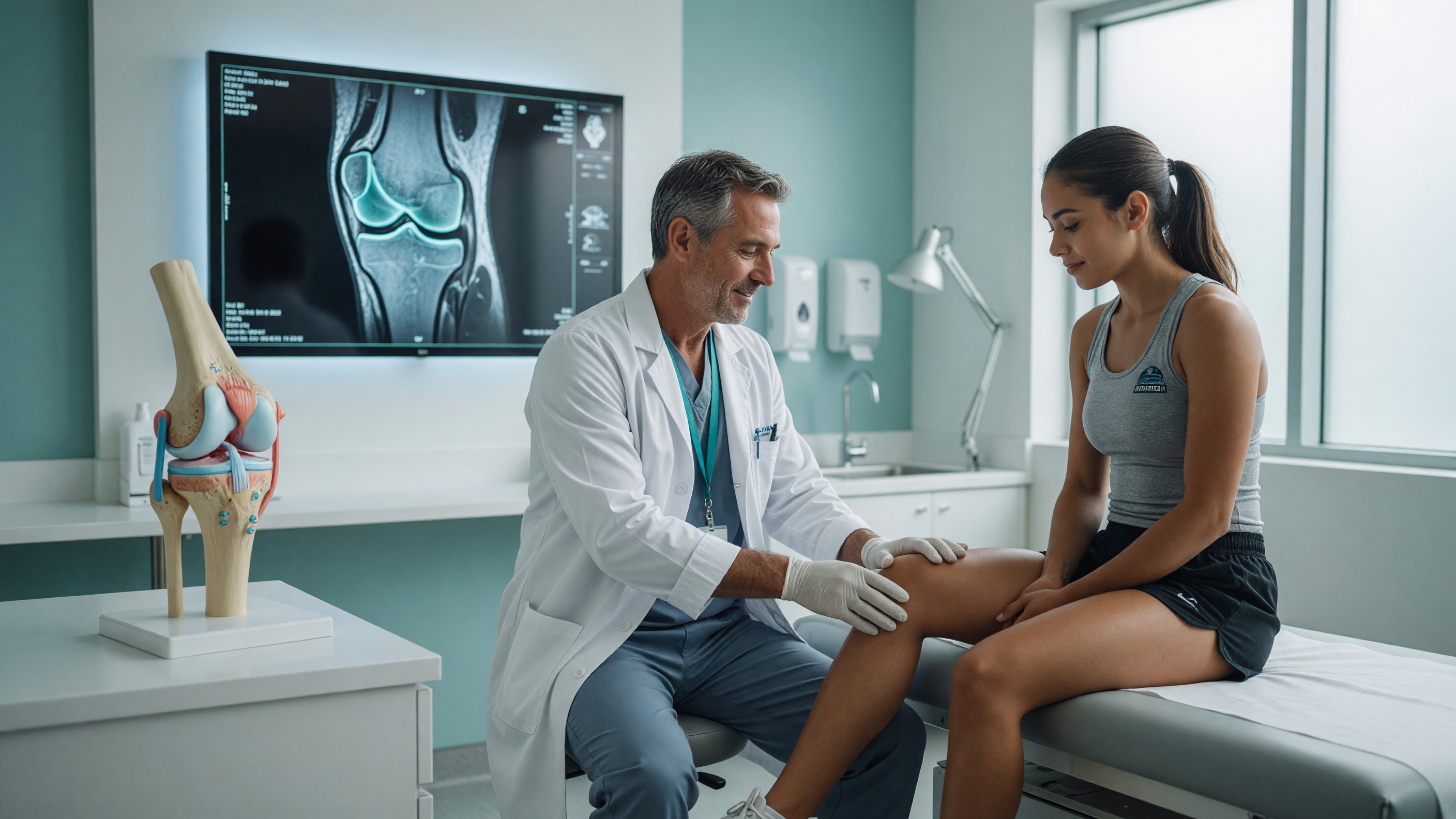 Orthopaedic surgeon examining a patient's knee to assess the need for ACL reconstruction surgery at Lux Hospitals