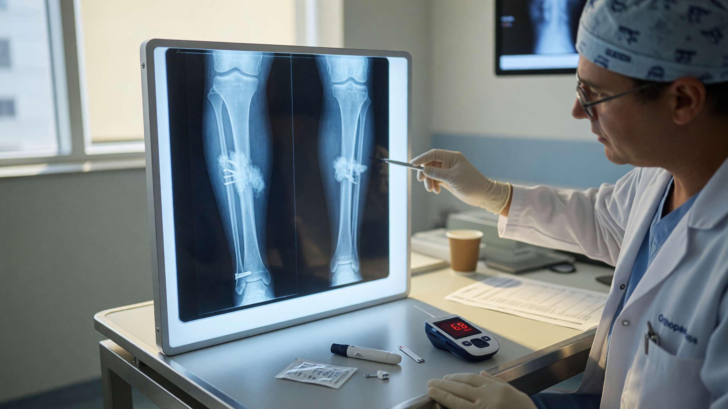 Illustration showing diabetes and bone healing, with a fractured bone repairing slowly due to high blood sugar