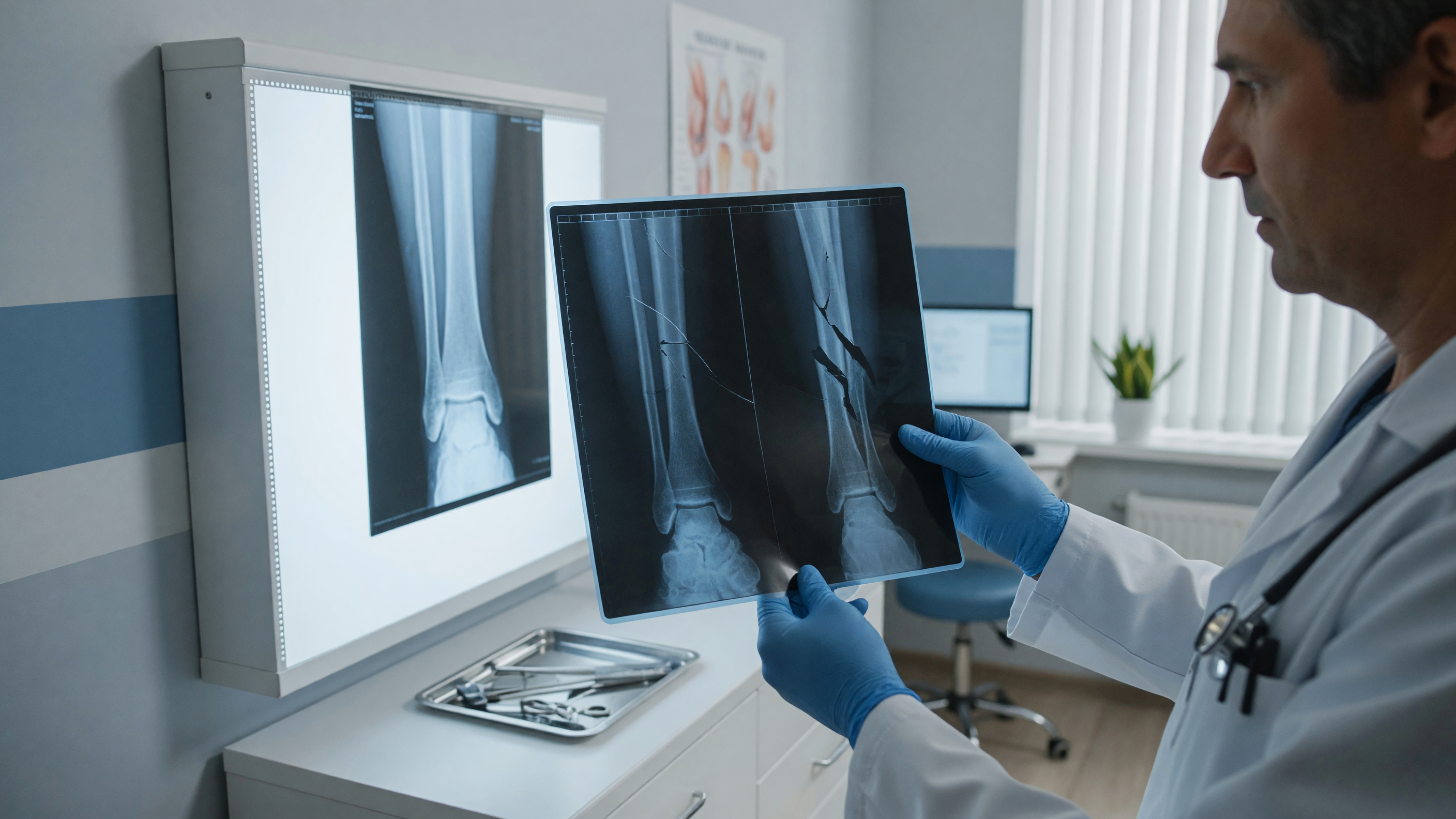 Illustration comparing a hairline fracture and a complete fracture on X-ray for symptom differences