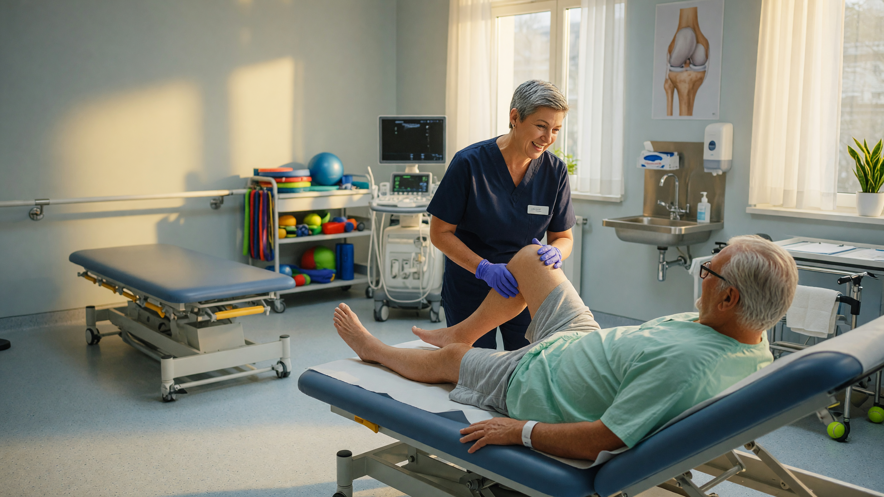 Physiotherapist guiding a patient through knee replacement recovery exercises in a hospital rehabilitation room