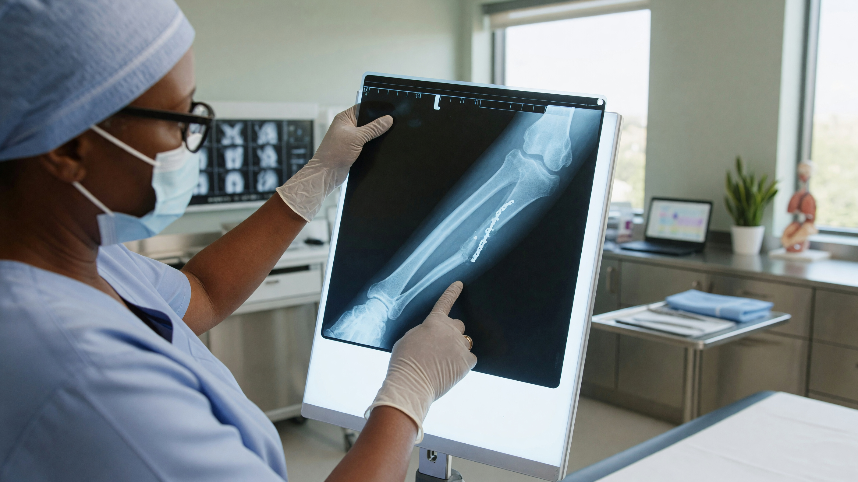Orthopedic surgeon reviewing an X-ray to assess fracture healing time and bone recovery progress