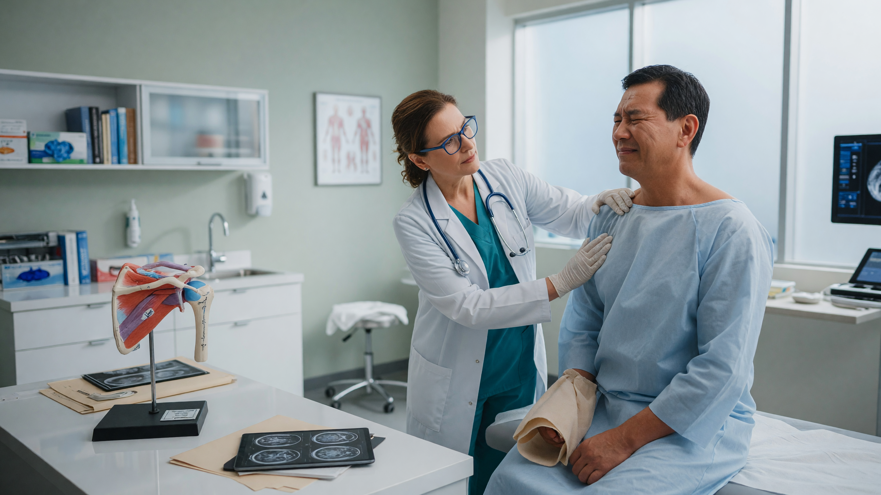 Doctor examining a patient's shoulder showing shoulder arthritis symptoms and joint pain