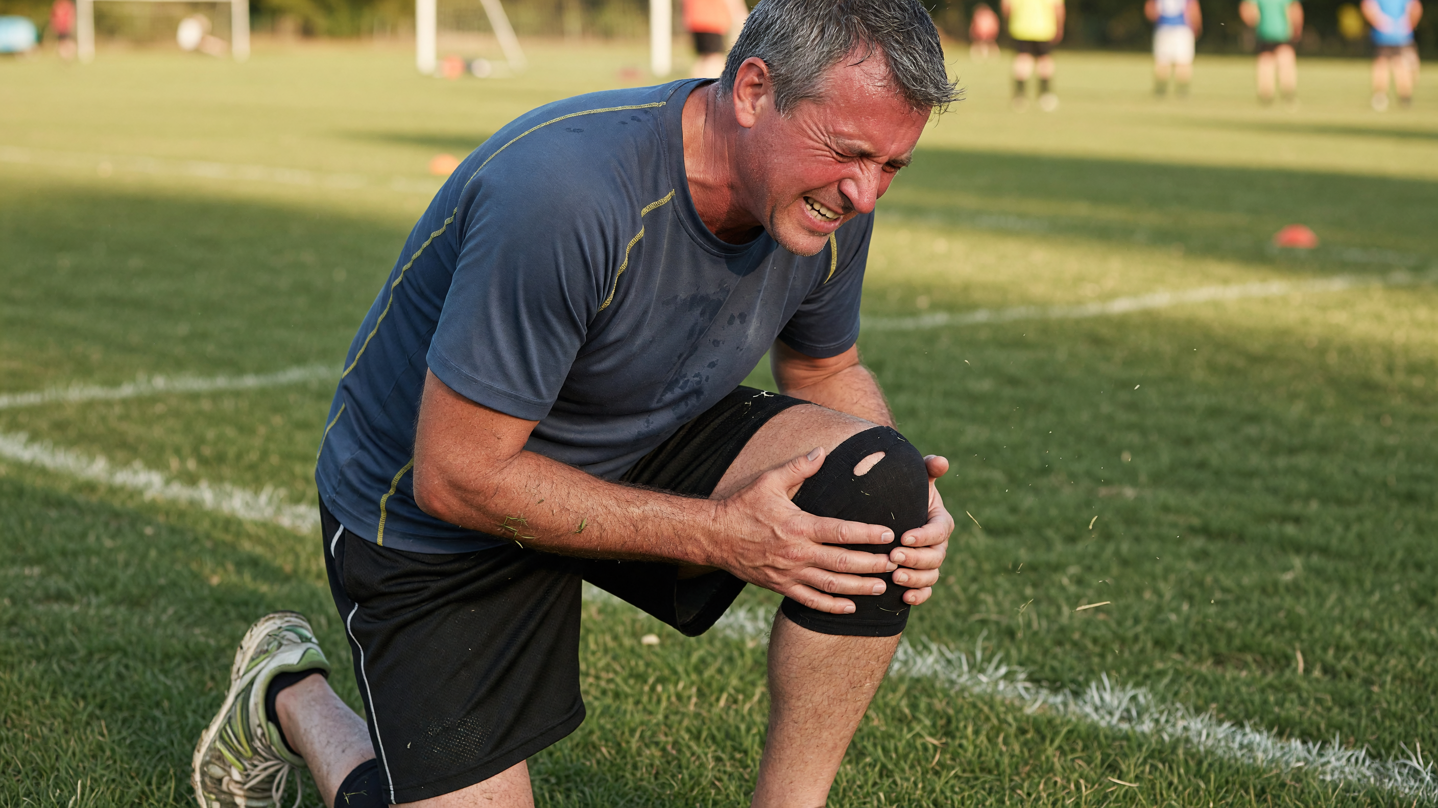Weekend athlete holding knee in pain after a sports knee injury during a game