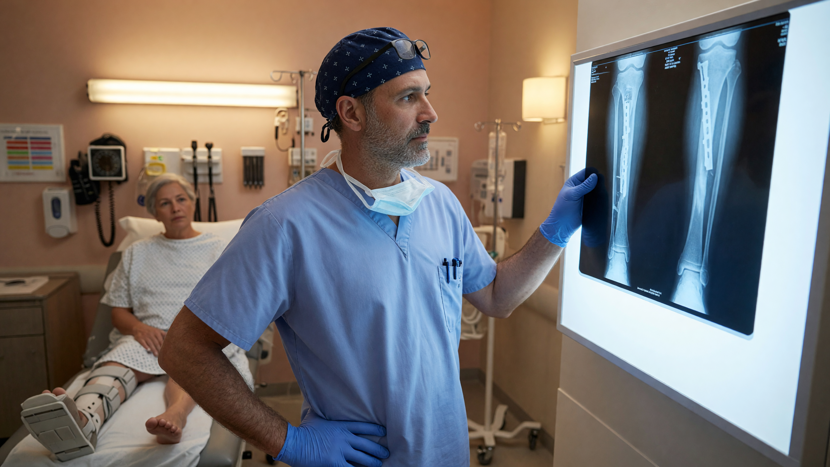Orthopaedic surgeon reviewing an X-ray to assess slow fracture healing in a patient
