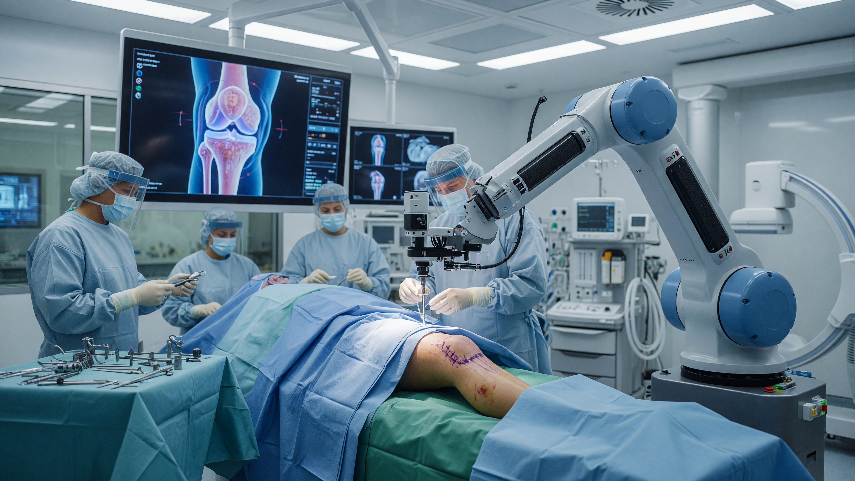 Surgeon performing robotic knee replacement using a computer-guided robotic arm in a modern operating theatre