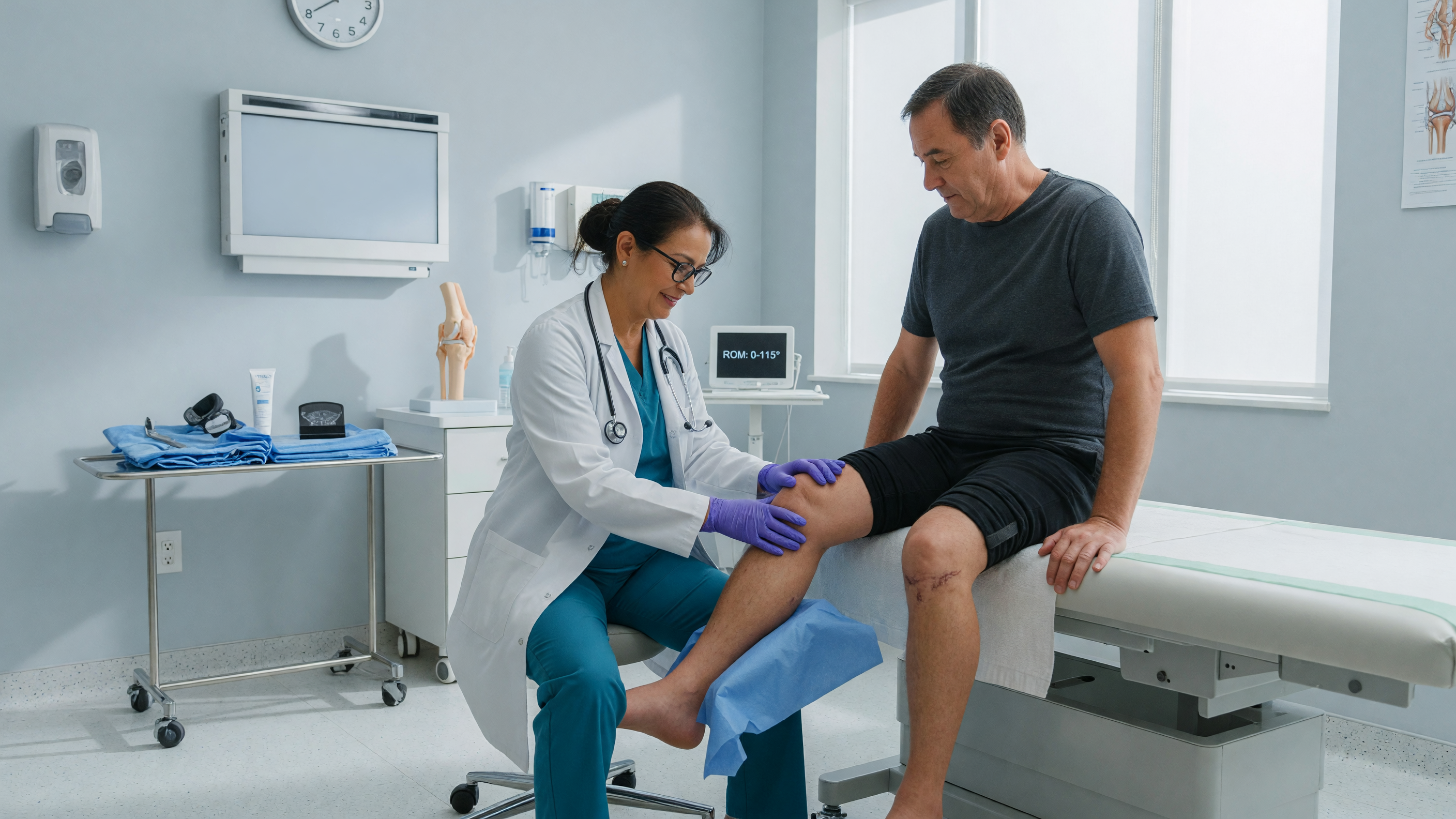 Doctor examining a patient with knee pain during an orthopedic consultation
