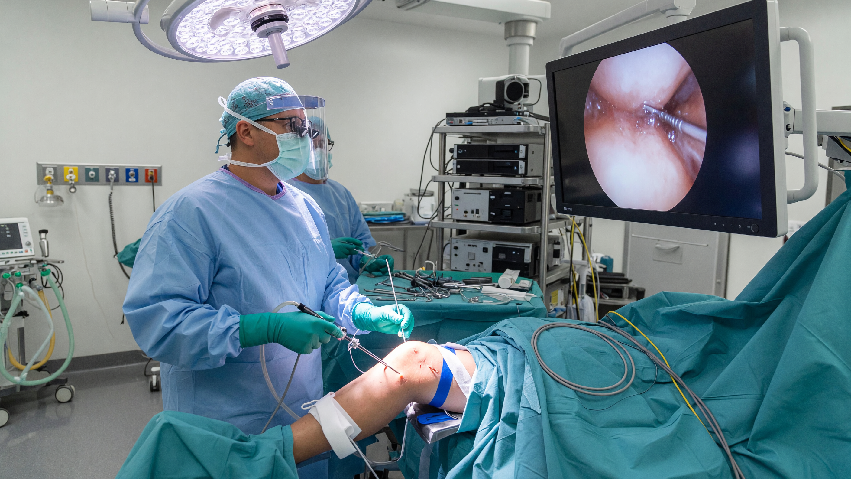 Surgeon comparing knee arthroscopy vs open surgery techniques in a modern operating room