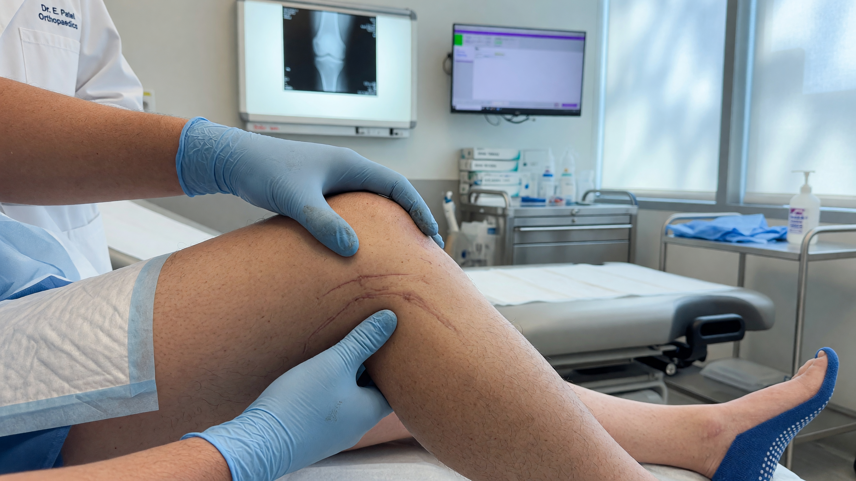Doctor examining a patient's knee to identify knee locking causes such as a meniscus tear