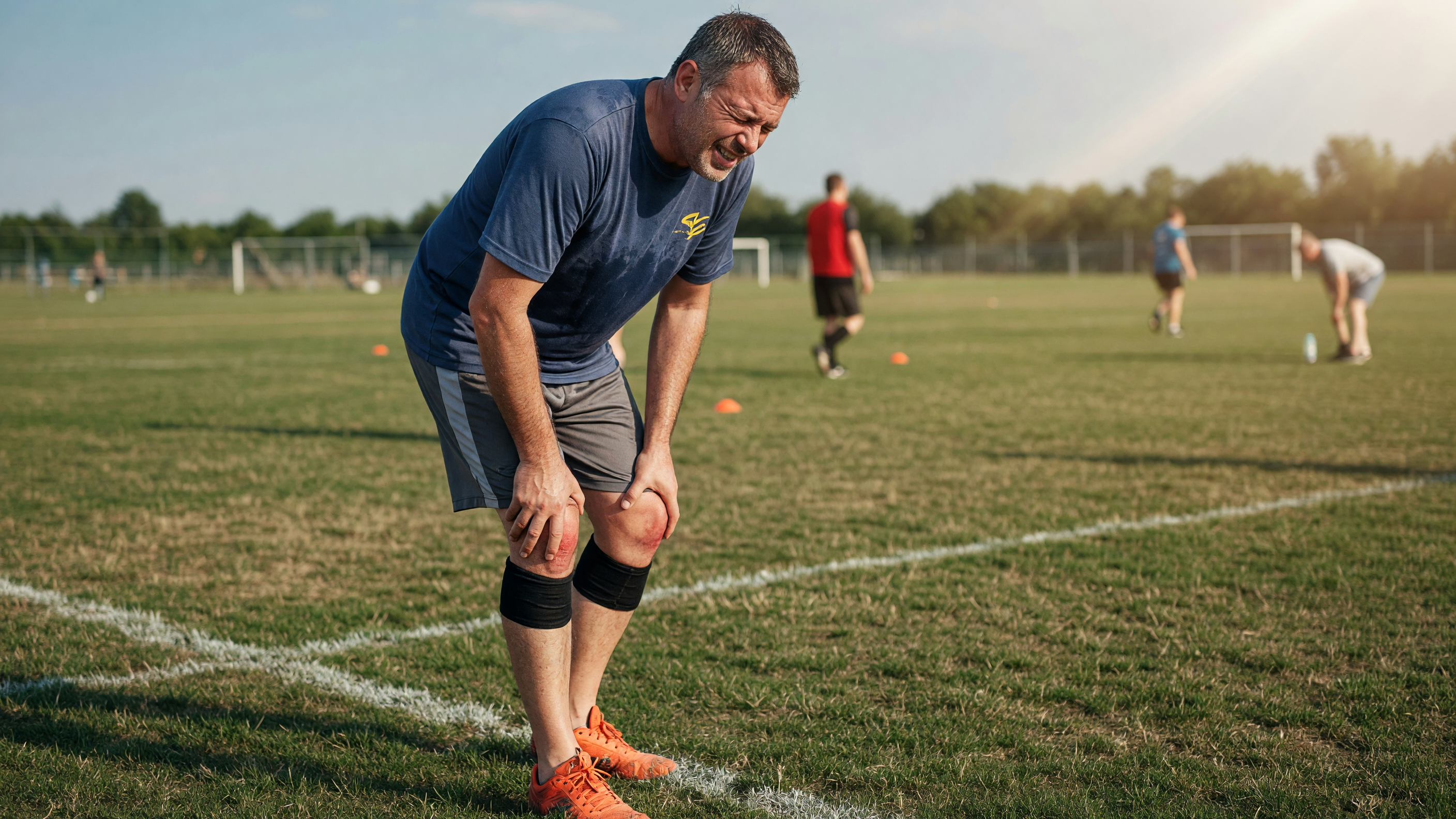Weekend athlete holding knee in pain, illustrating common knee injuries during recreational sports