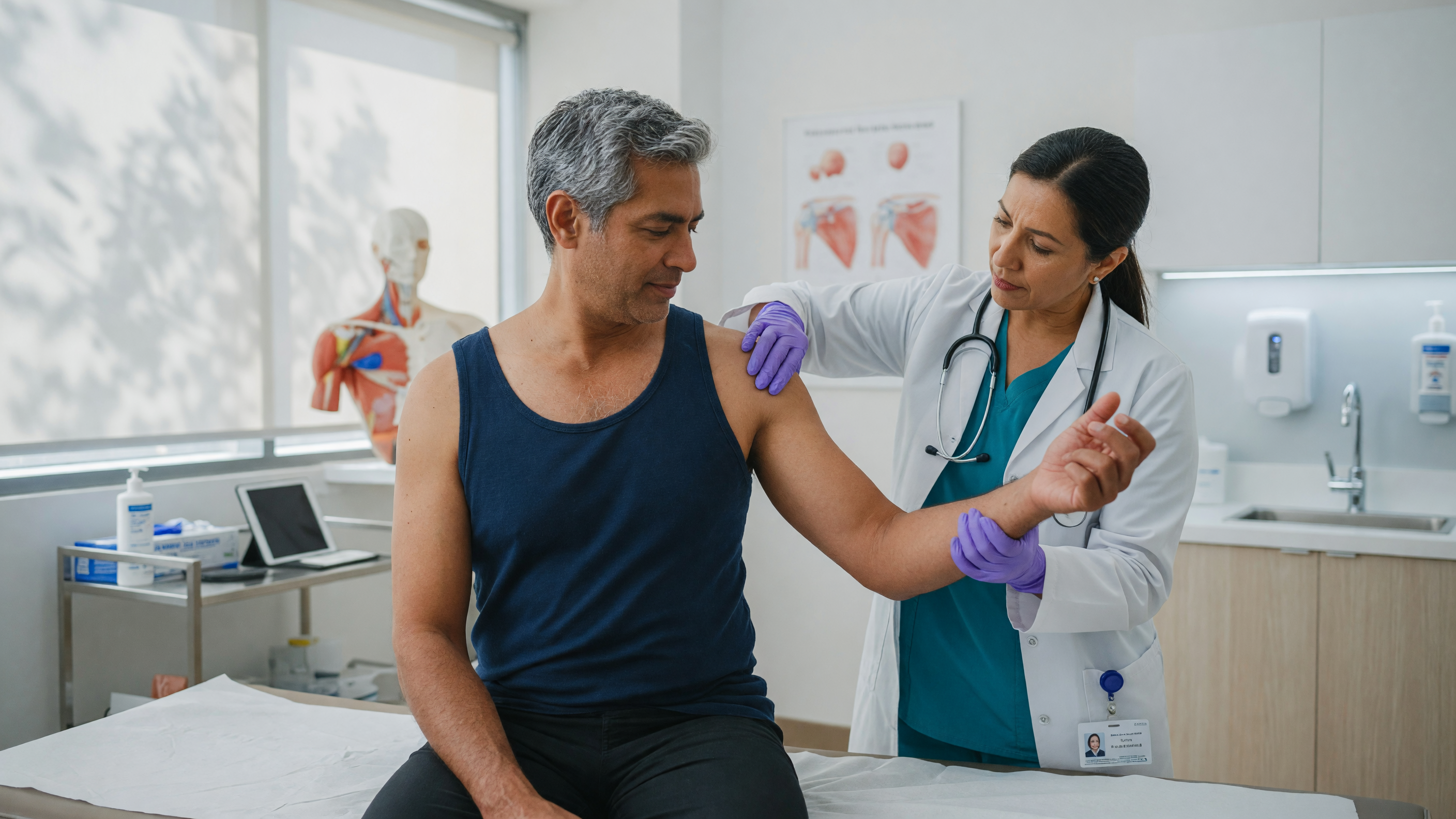 Doctor examining a patient with shoulder pain stiffness causes during an orthopaedic consultation