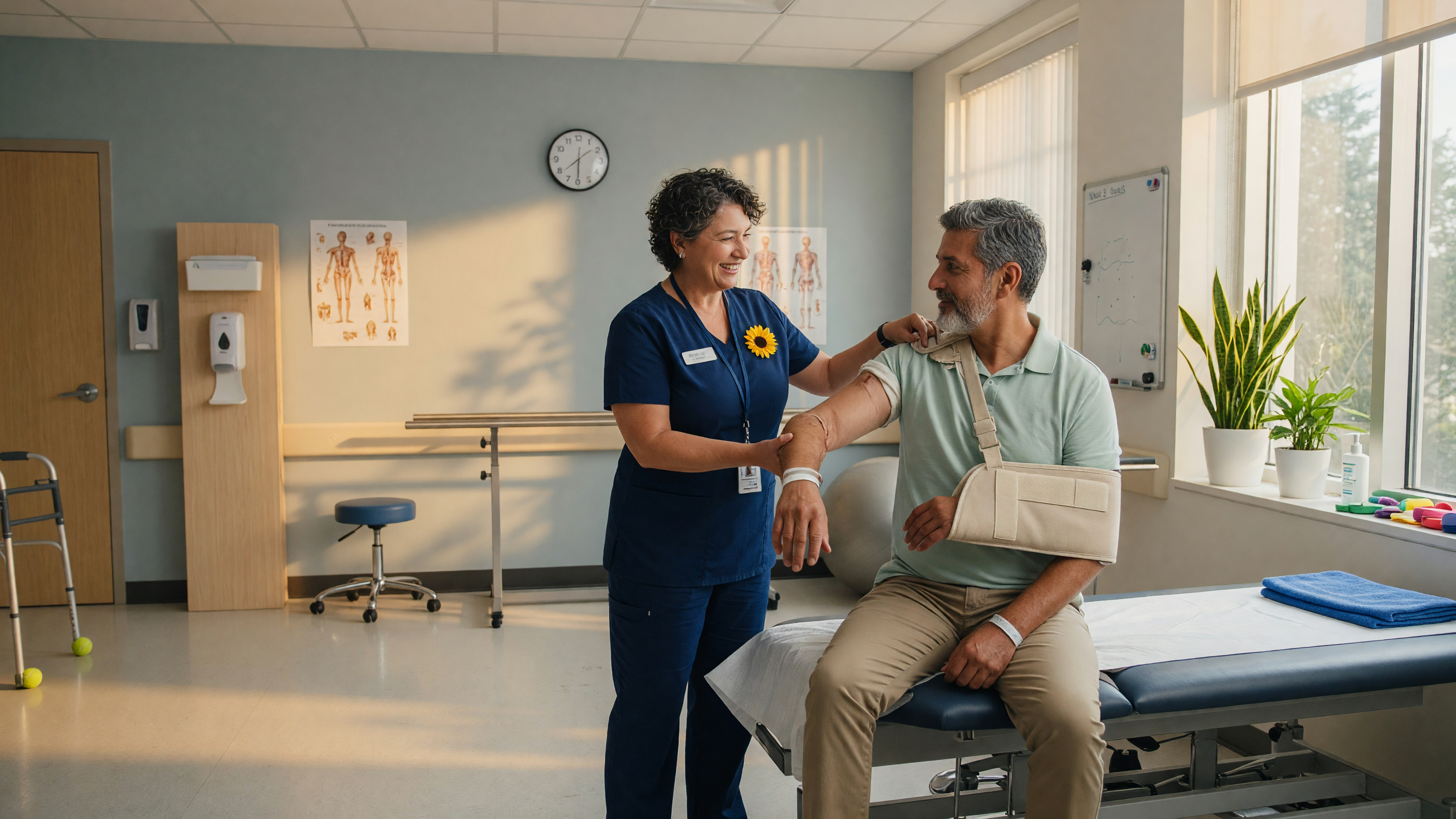 Physiotherapist guiding a patient through shoulder replacement recovery exercises