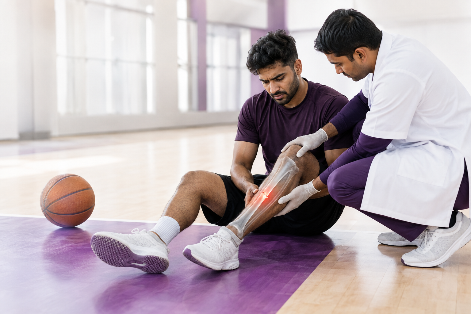 Athlete receiving treatment for sports injury fractures at an orthopaedic hospital