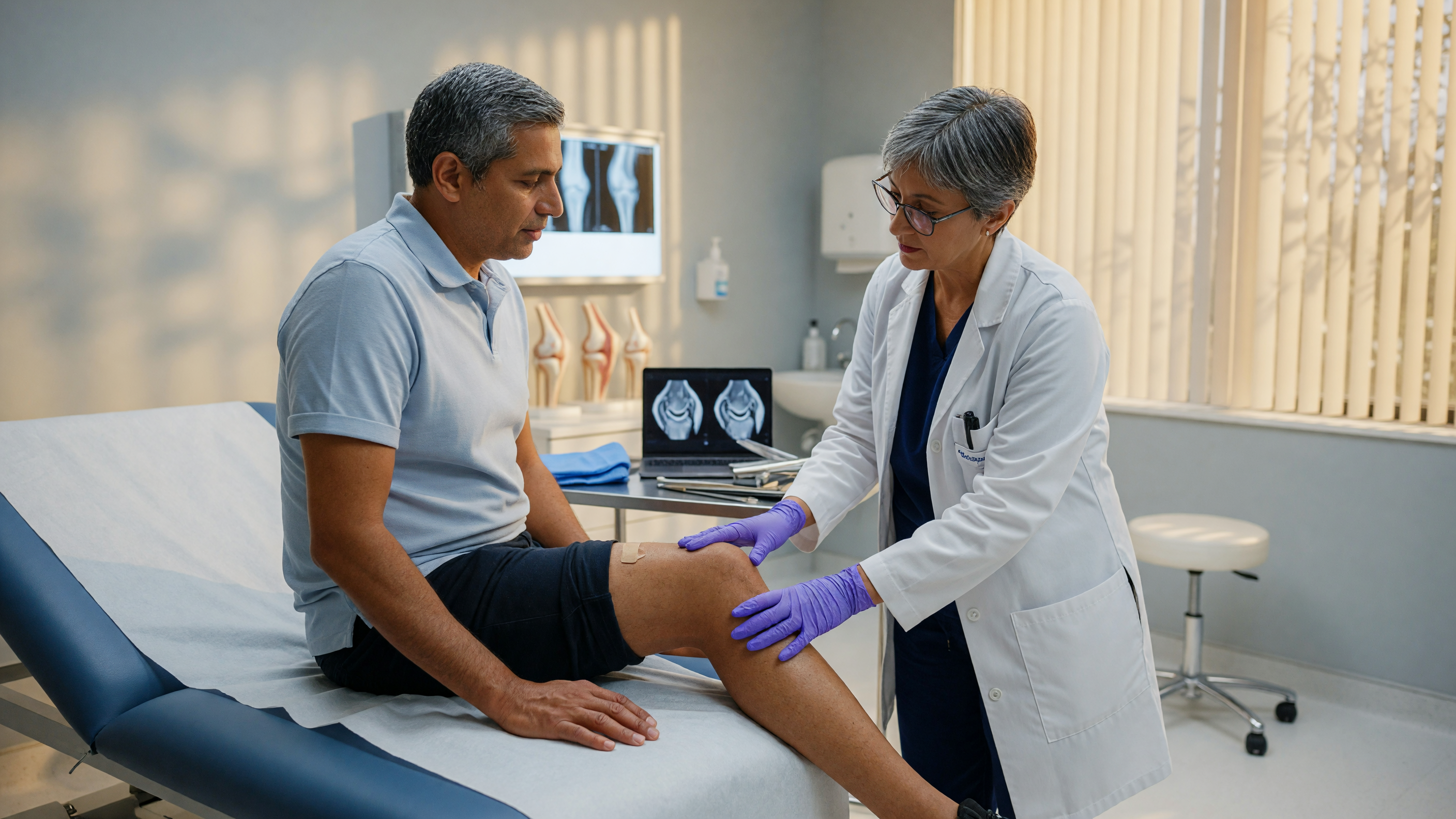 Orthopaedic doctor examining a patient with knee pain while walking causes at Lux Hospitals