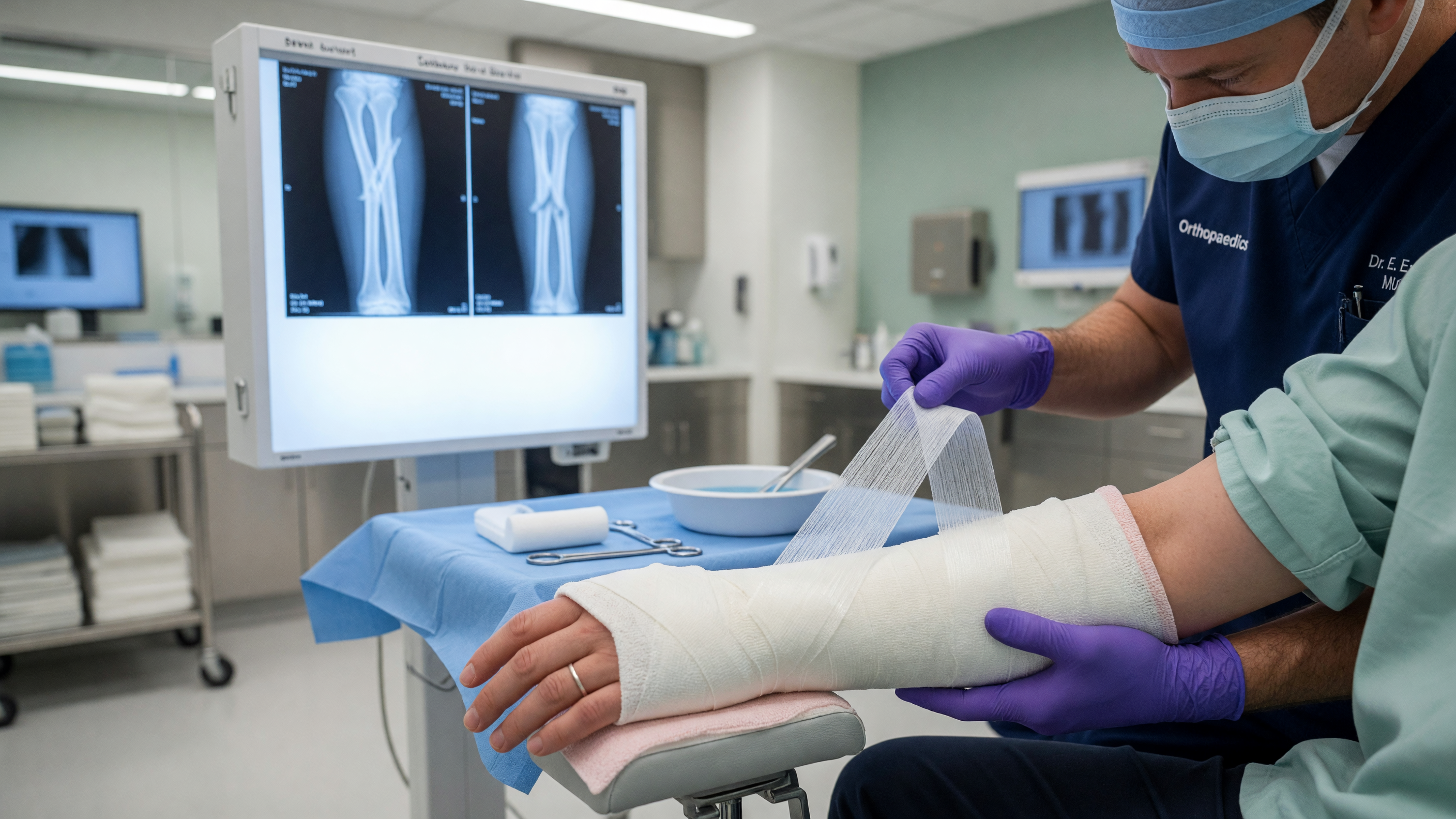Orthopaedic doctor applying a cast for fracture treatment without surgery