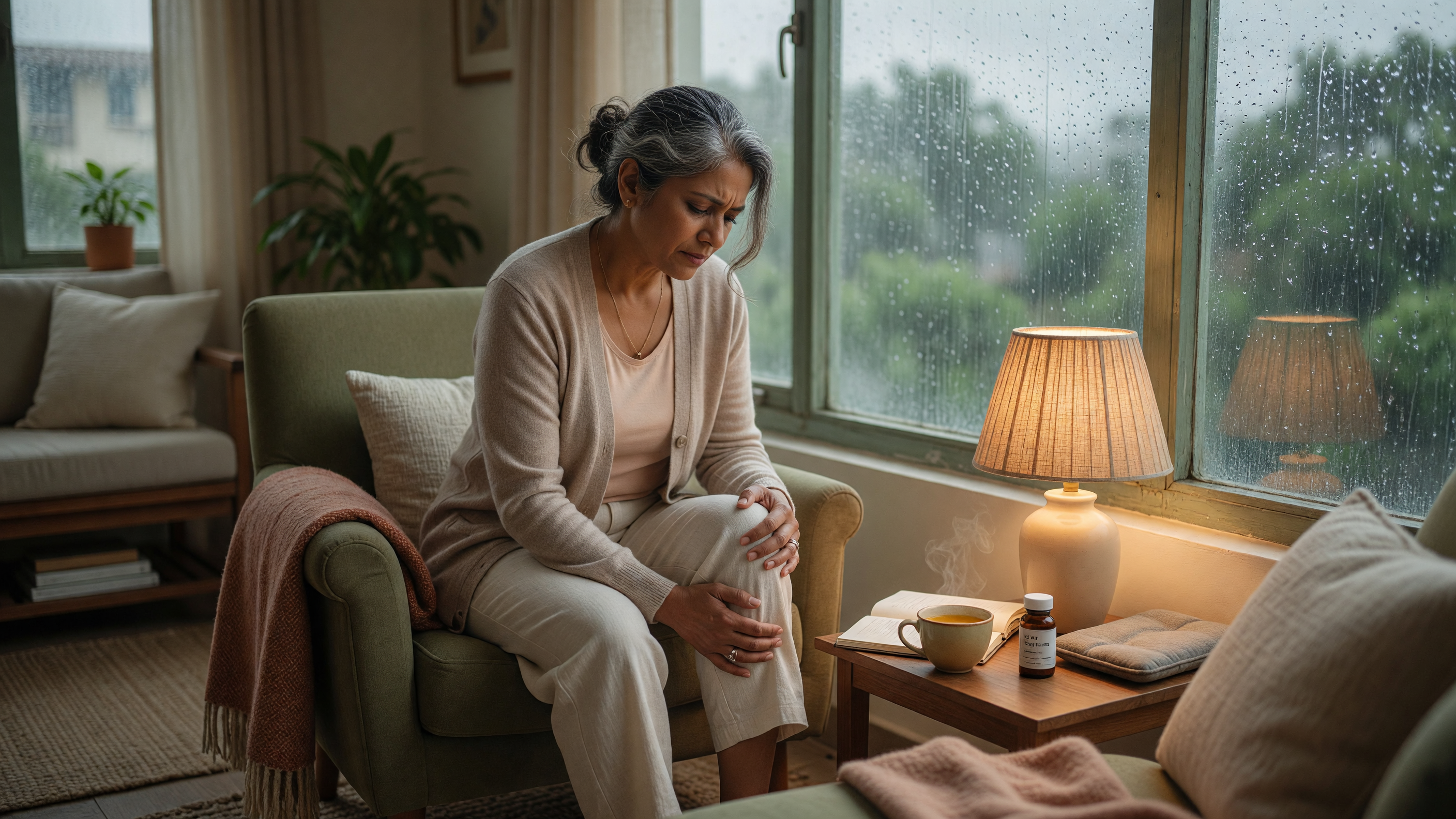 Person holding aching knee illustrating joint pain during monsoon rainy season