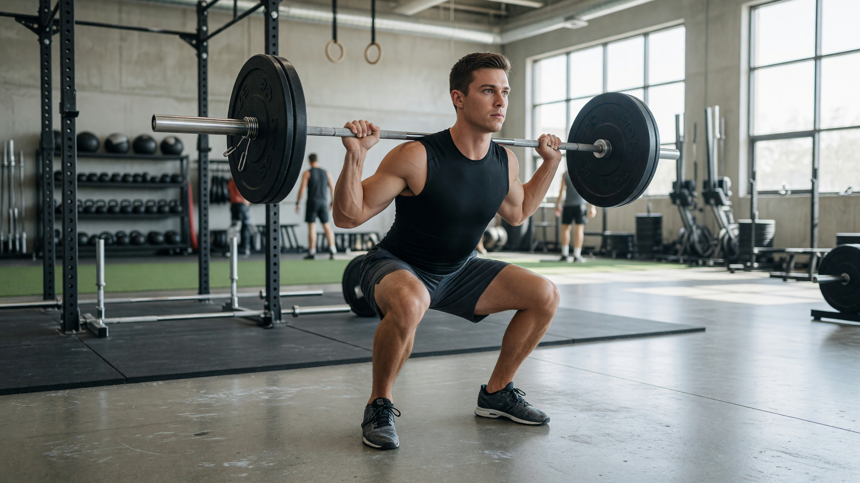Person with proper squat form at the gym to prevent gym knee injuries