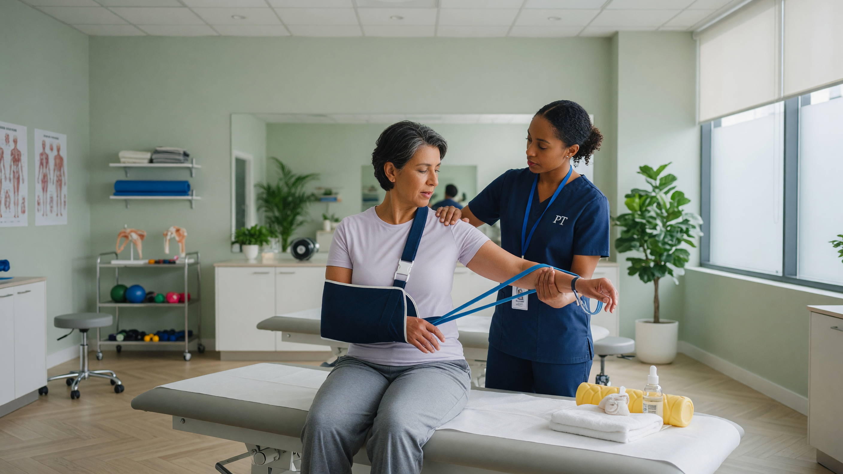 Physiotherapist guiding a patient through shoulder dislocation recovery exercises