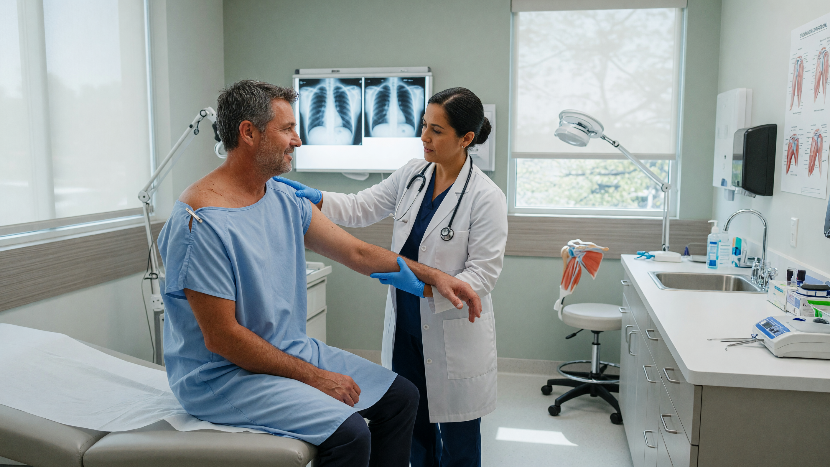Doctor examining a patient's shoulder showing rotator cuff tear symptoms