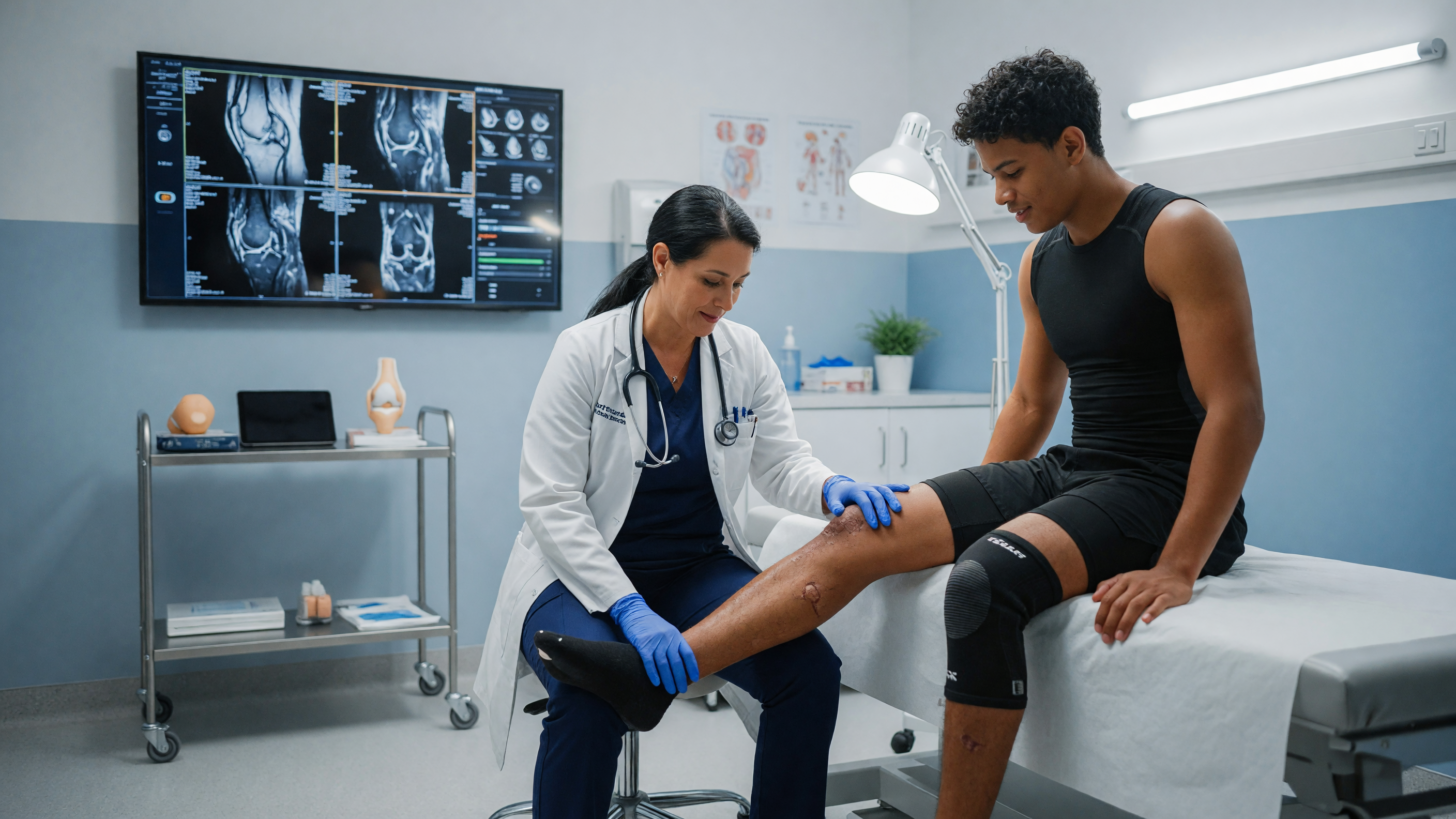 Sports injury treatment specialist examining an athlete's injured knee for signs beyond physiotherapy