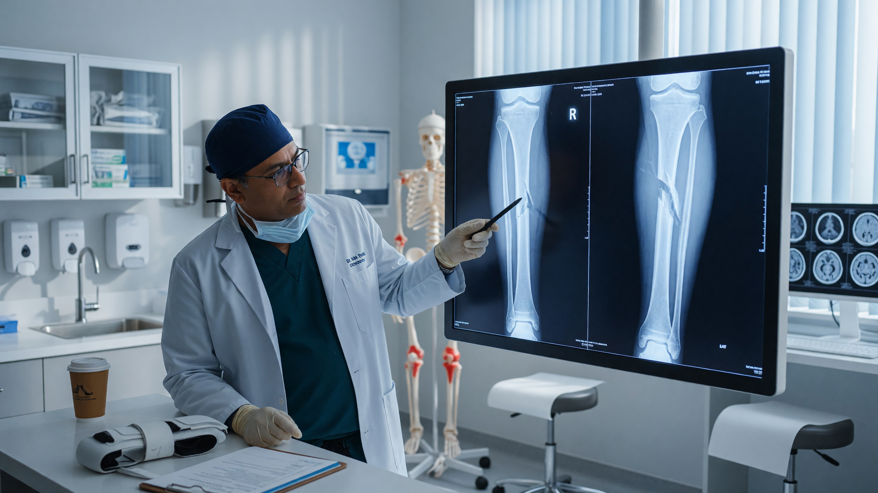 Illustration showing the different types of bone fractures on an X-ray