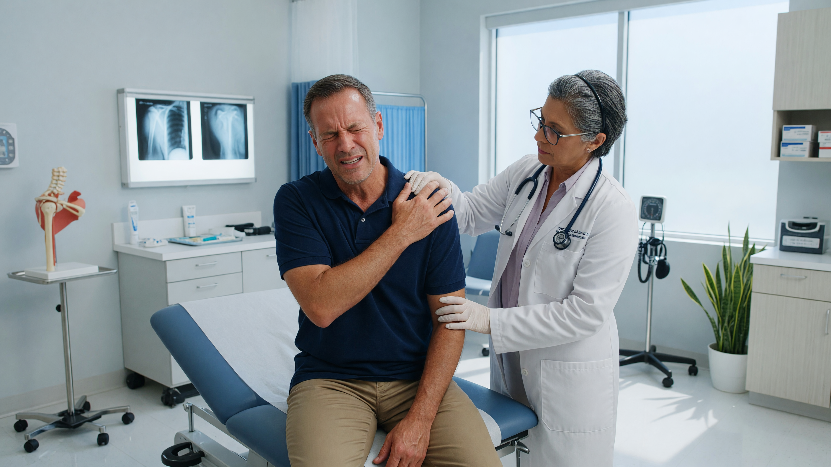 Man holding his shoulder in discomfort showing pain in one shoulder