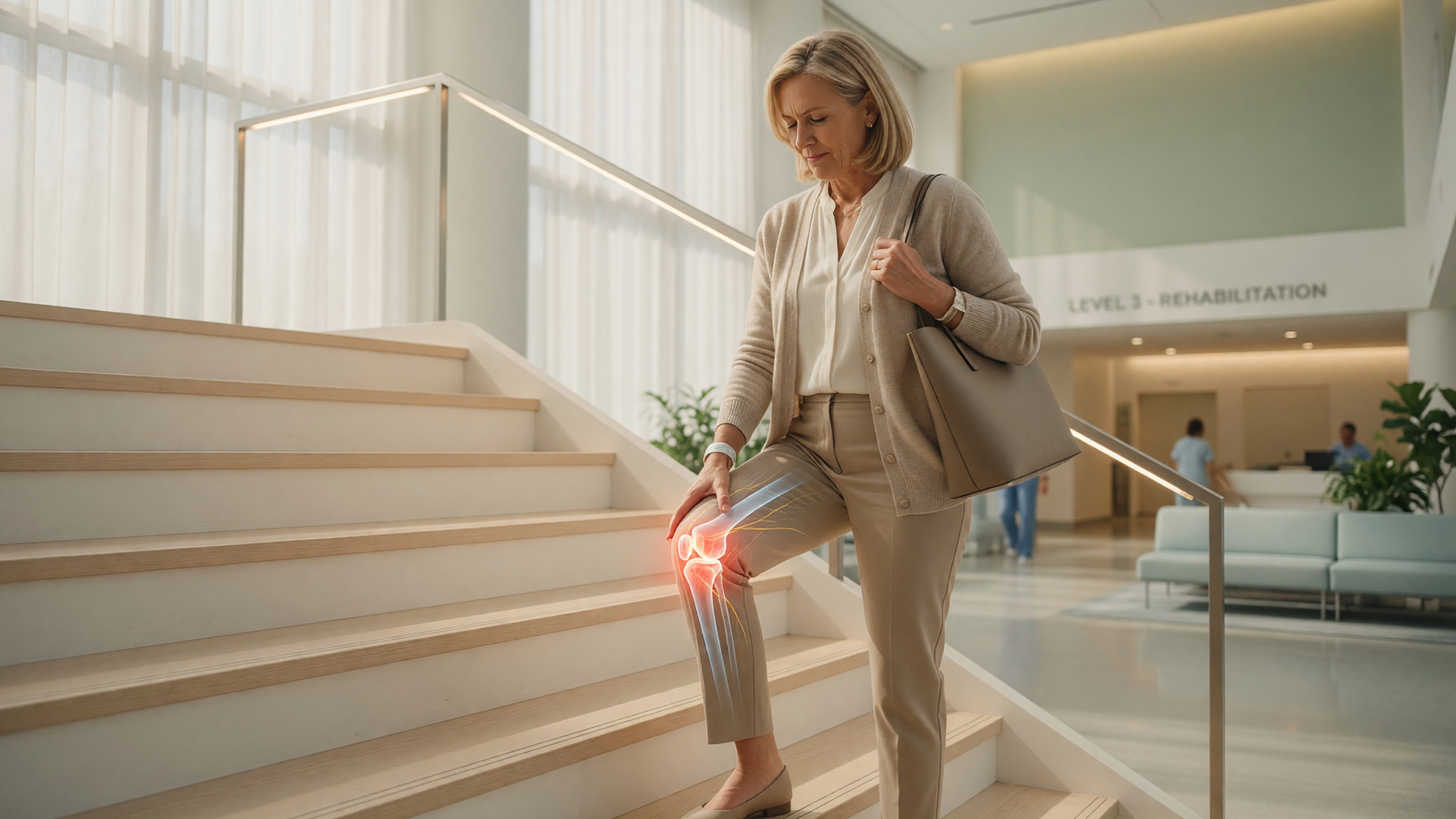 Middle-aged woman holding her knee on a staircase, illustrating common knee pain climbing stairs causes