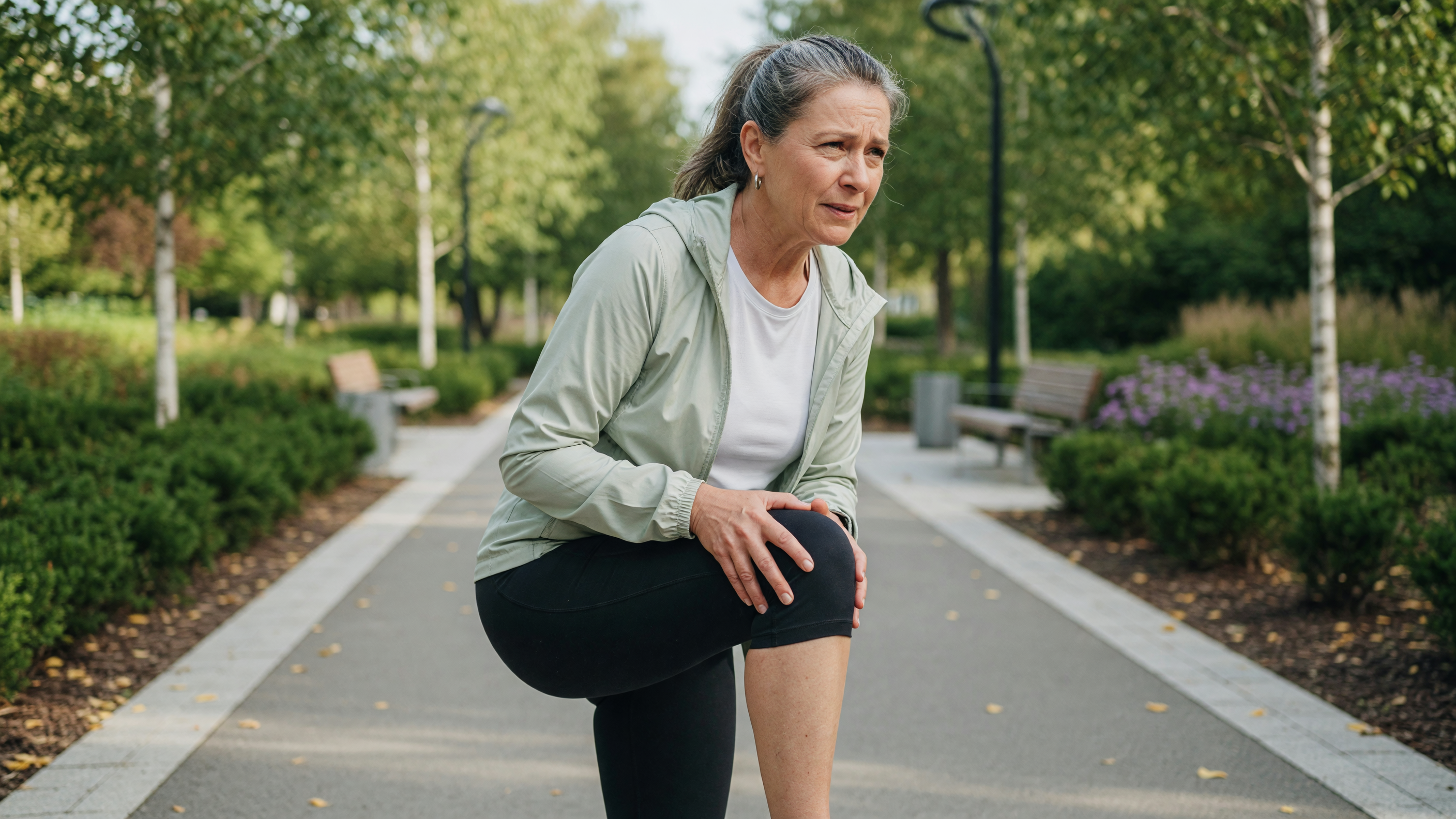 Person experiencing severe knee pain while walking, holding their knee joint